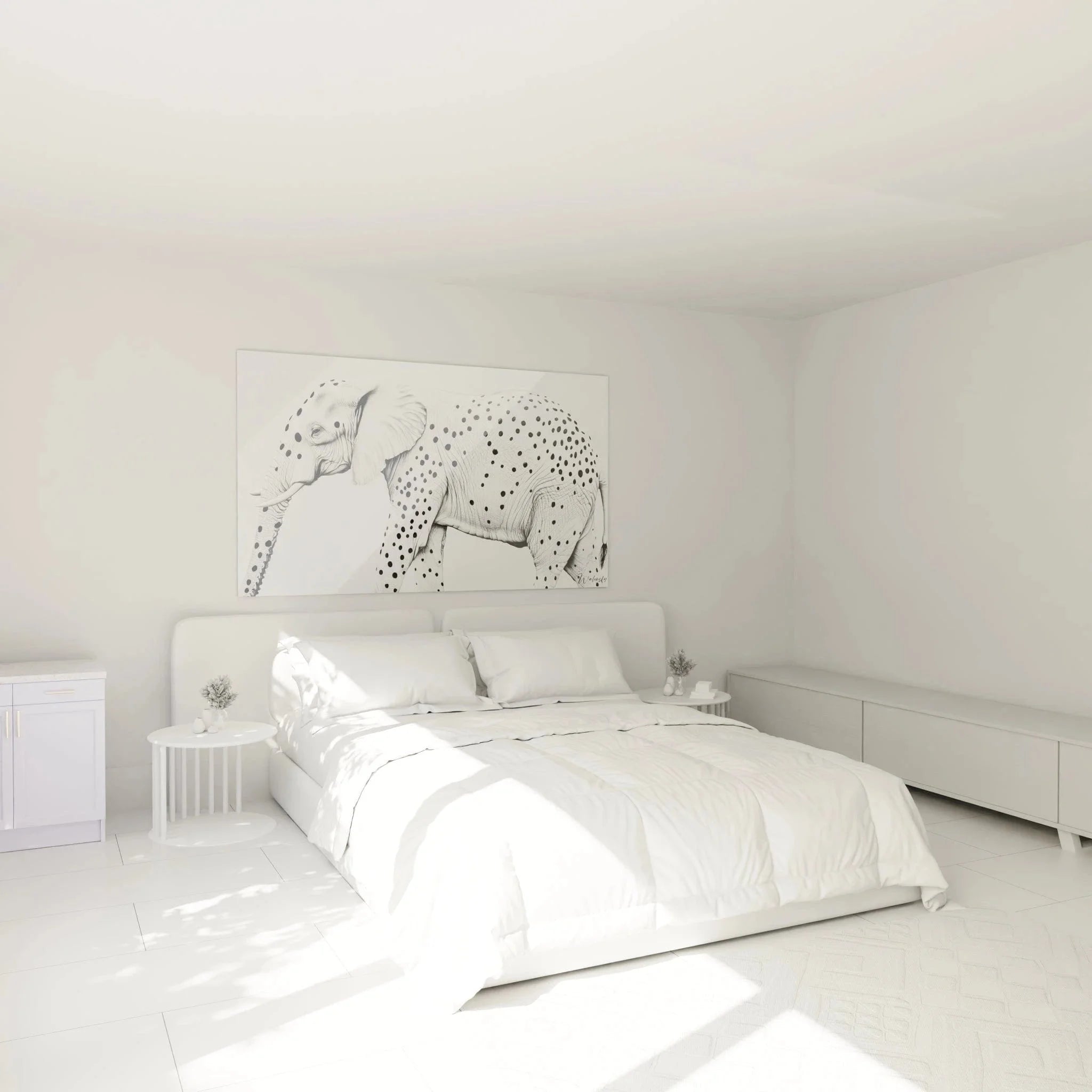 Wandbild Elefant schwarz-weiß im Schlafzimmer, elegante Tierdekoration für moderne Wohnräume