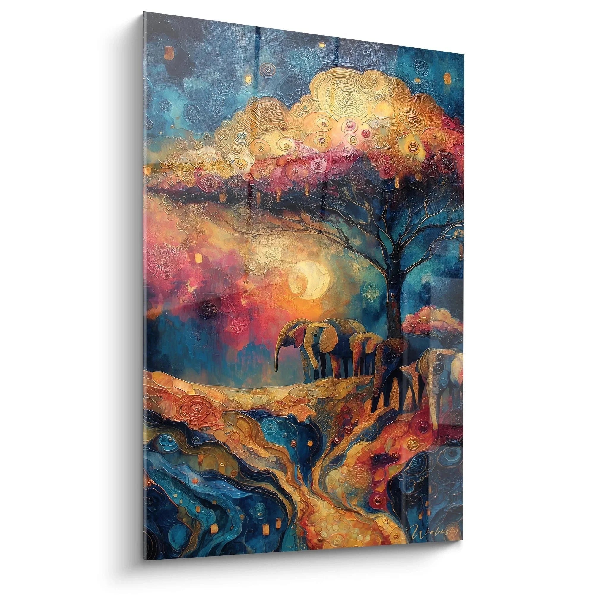 Wandbild Elefanten unter Baobab-Baum mit farbenfrohem afrikanischen Himmel - Afrika Savanne Kunstdruck