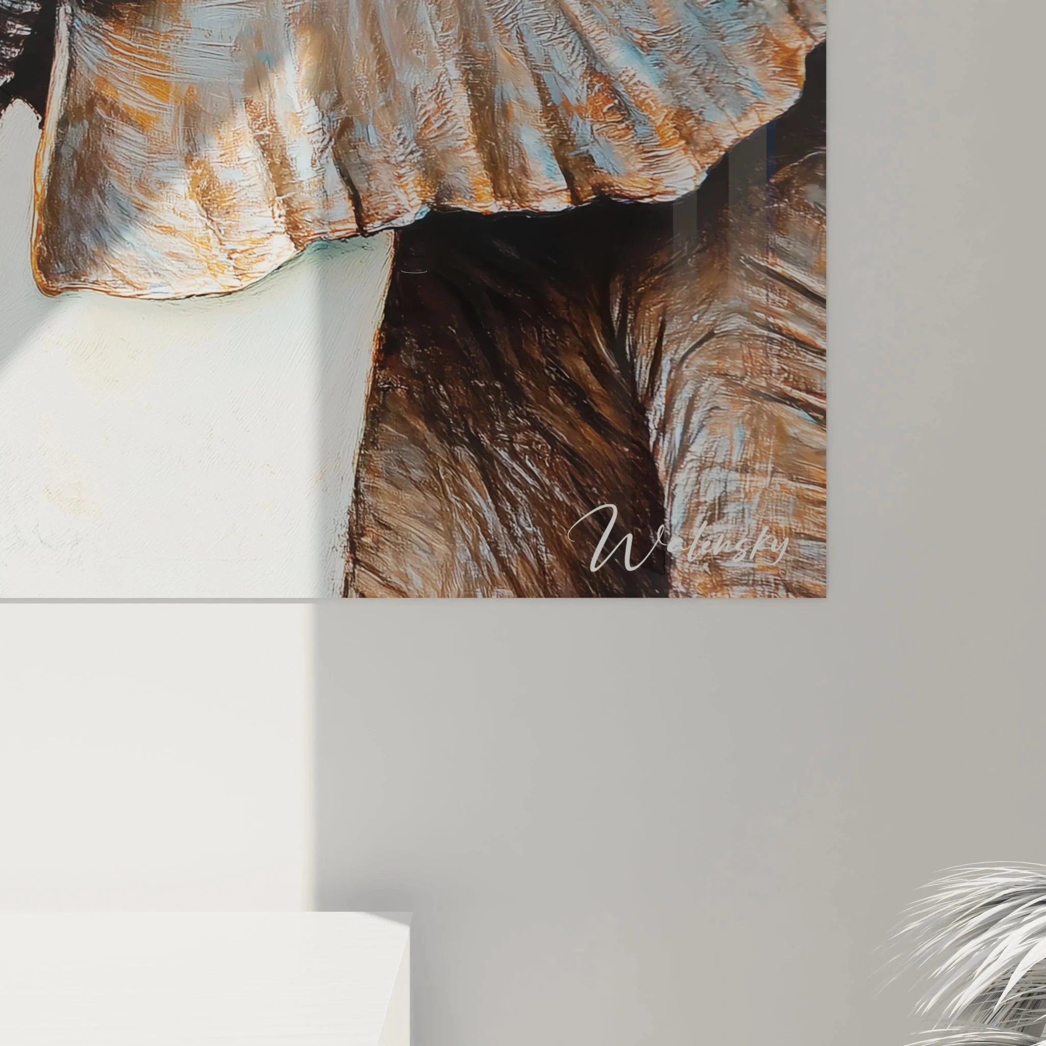 Komplettansicht Wandbild Elefanten Familie - XXL Kunstdruck mit zärtlicher Mutter-Kind-Szene in Erdtönen