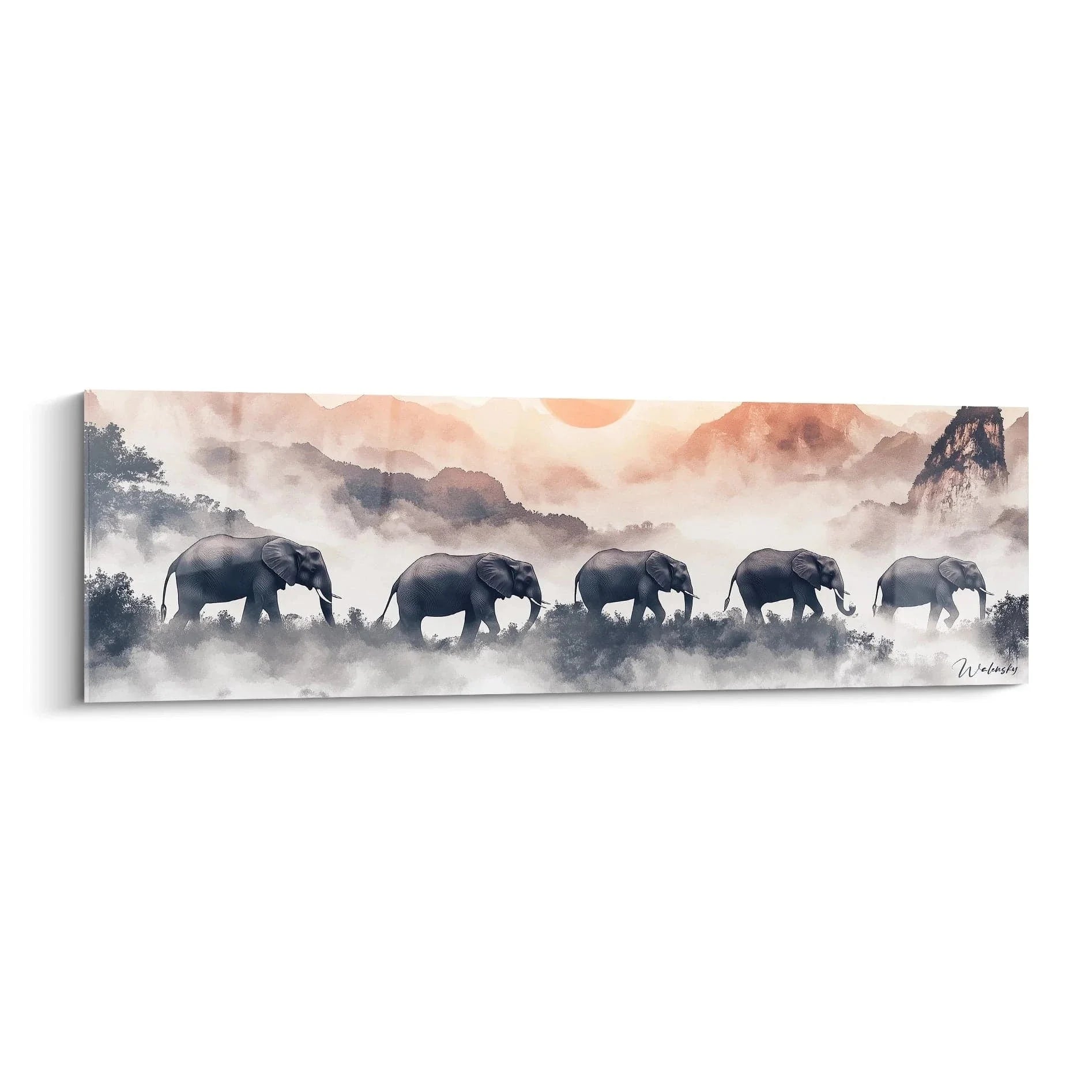 Wandbild Elefantenherde in nebliger Berglandschaft mit warmem Himmel - Edition Elefant Safari Kunstdruck