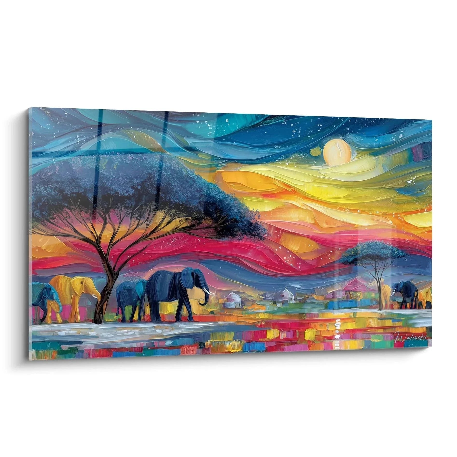 Wandbild Elefantenherde afrikanische Savanne bunter Sonnenuntergang Wasserloch Premium Kunstdruck