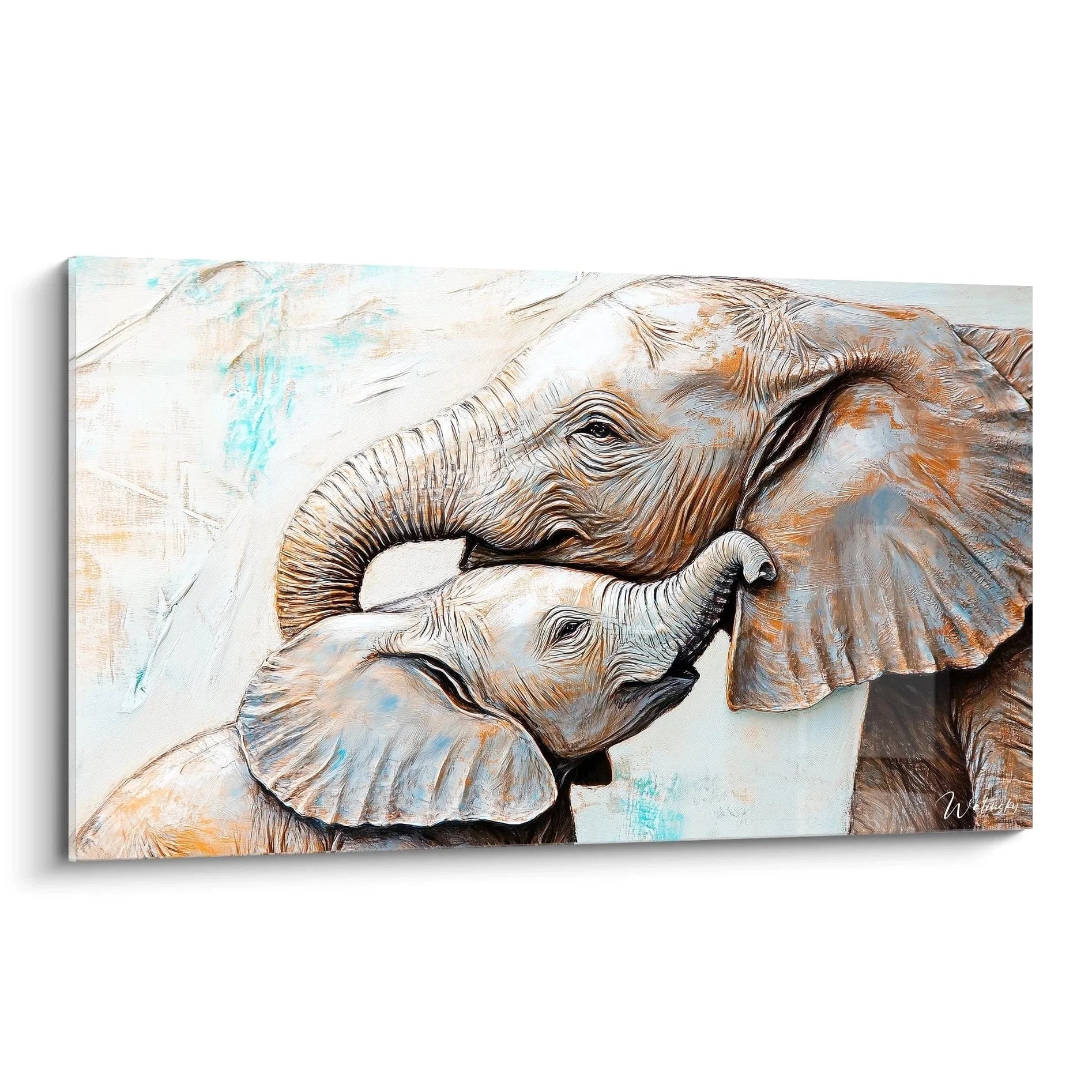 Wandbild Elefantenmutter mit Baby zeigt zärtliche Rüsselberührung in warmen Erdtönen - Edition Elefant Kunstdruck