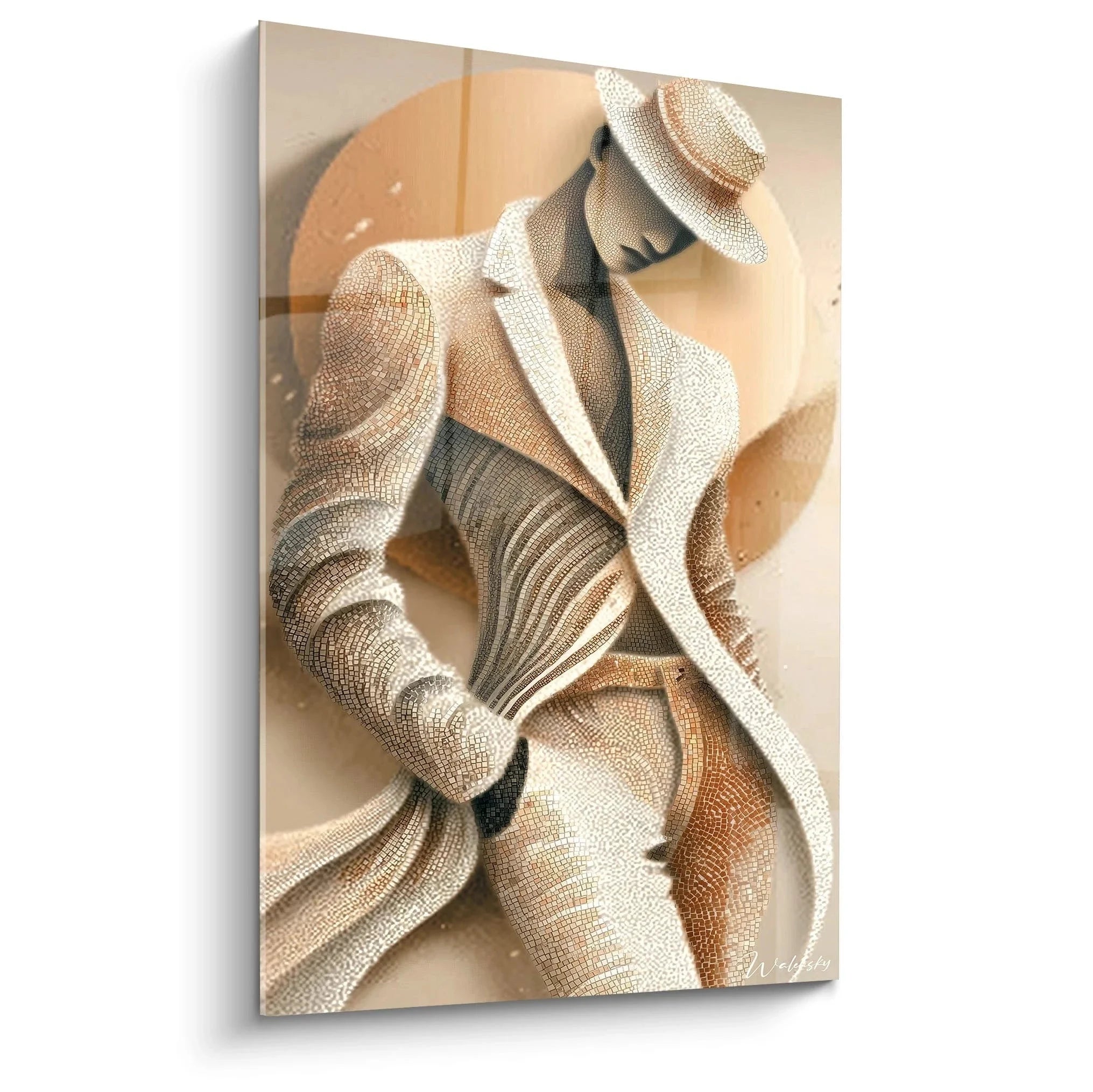 Elegantes Wandbild mit stilisierter männlicher Silhouette in Anzug und Hut, Mosaikstruktur in warmen Erdtönen