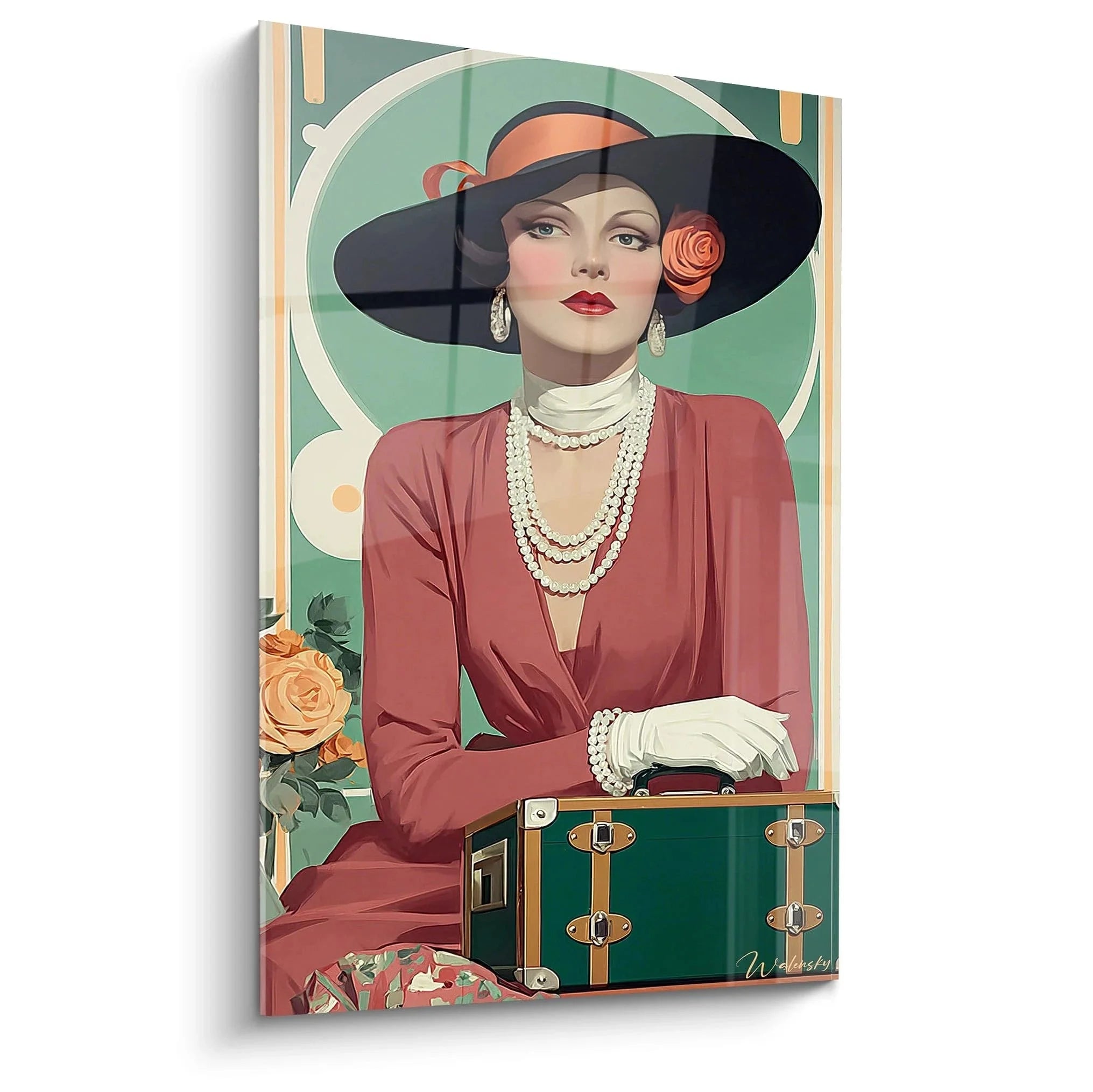 Wandbild elegante Dame 20er Jahre mit schwarzem Hut und rotem Kleid Vintage Mode