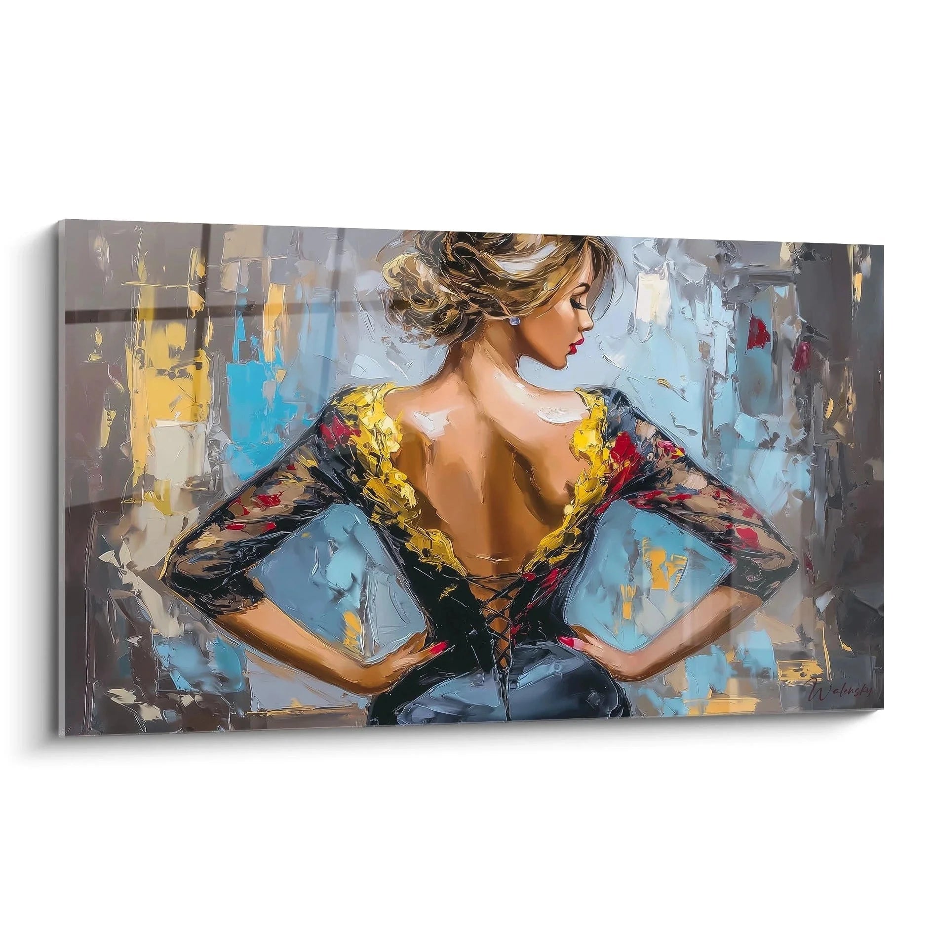 Wandbild elegante Dame mit abstraktem Hintergrund in Blau-Gold-Tönen - Edition Weibliche Schönheit