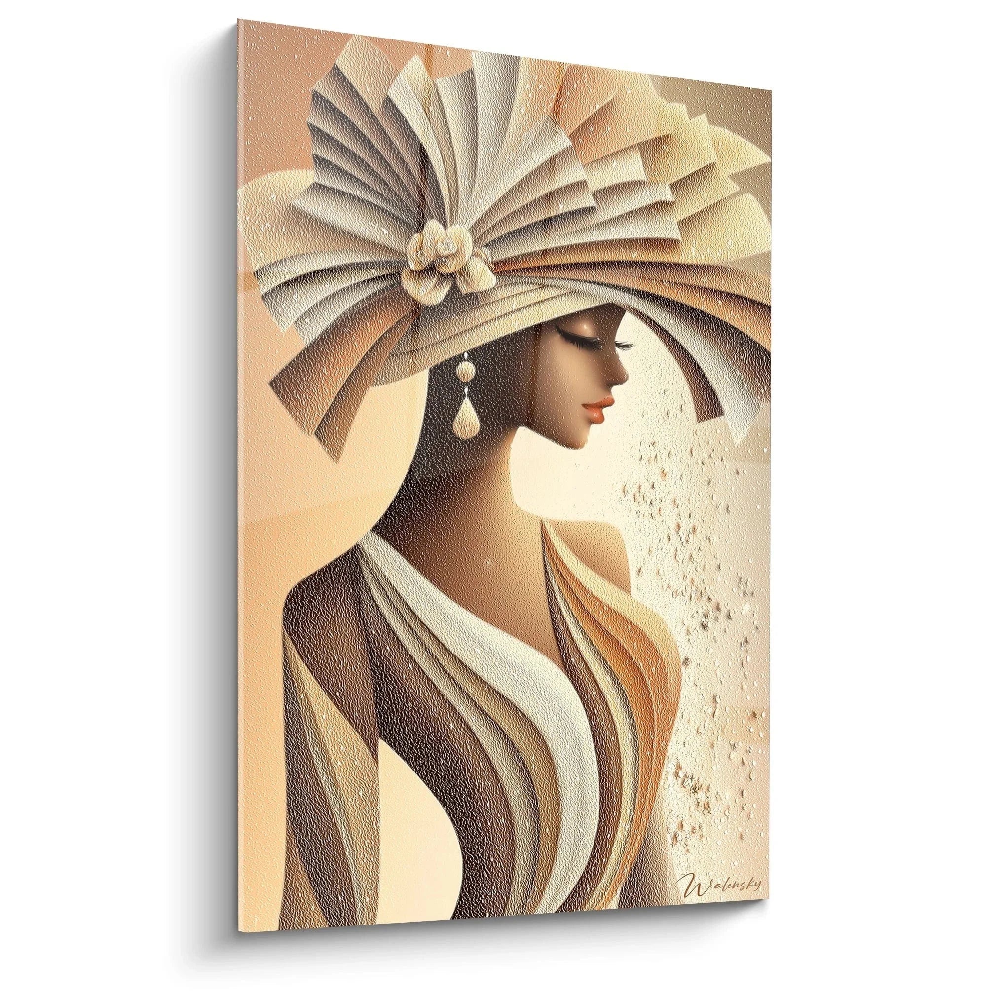 Wandbild elegante Dame mit prachtvollem Federhut in warmen Erdtönen - Edition Haute Couture Wanddekoration