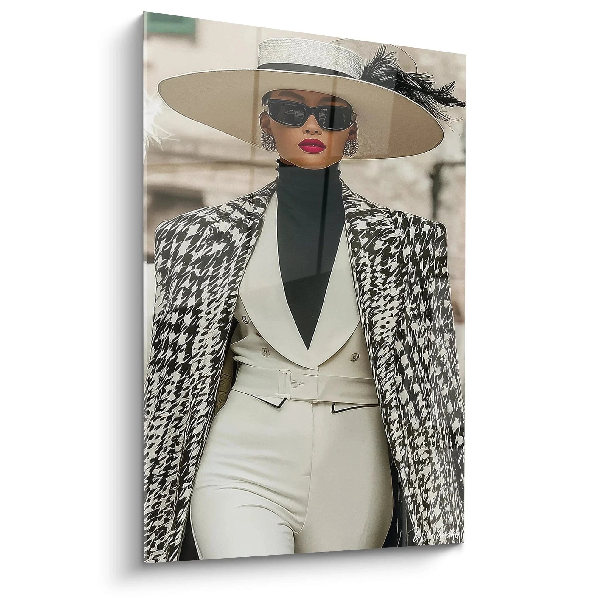 Elegante Dame mit Houndstooth Blazer und Strohhut - Haute Couture Wandbild für luxuriöse Raumdekoration
