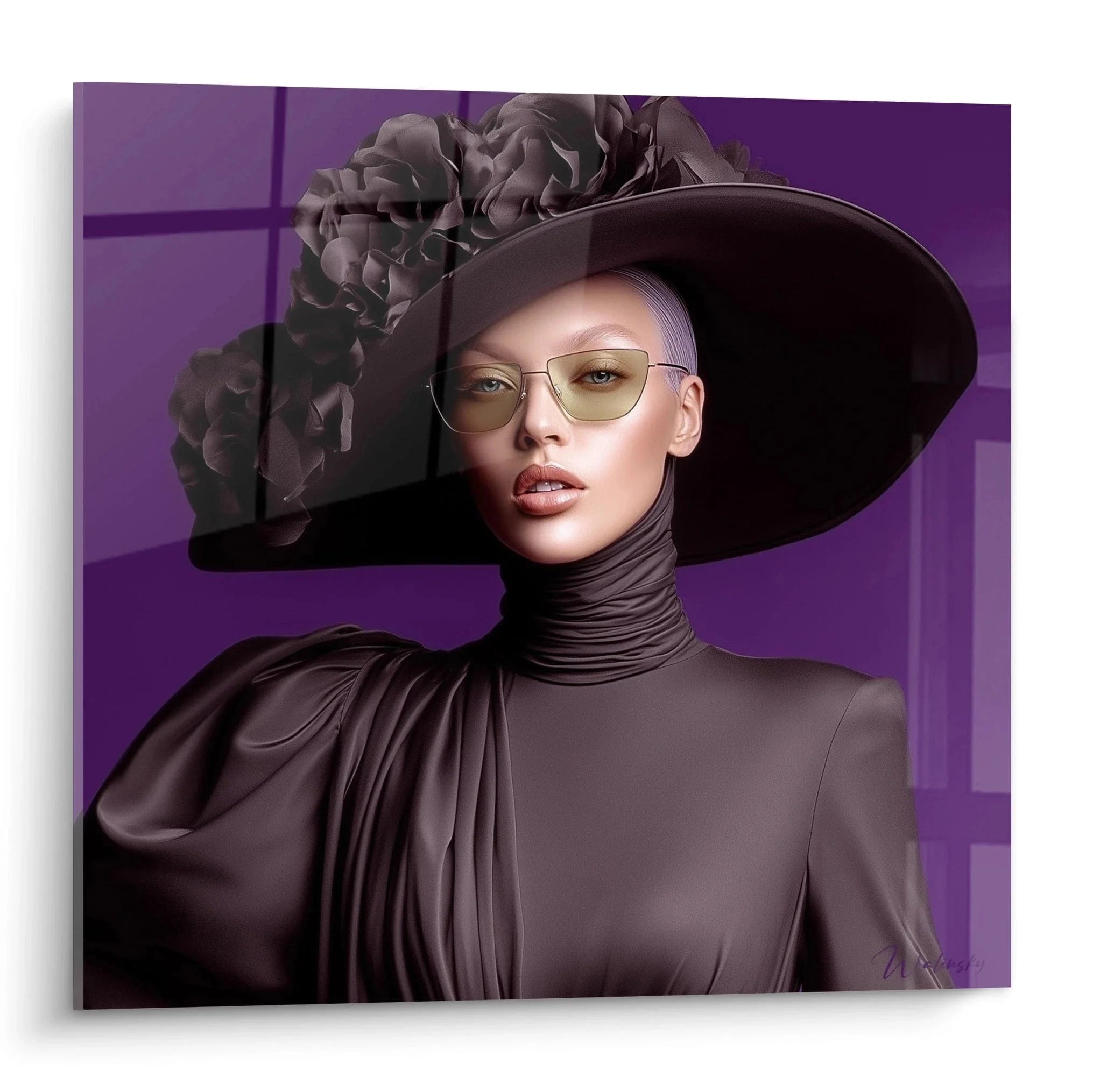 Wandbild elegante Dame mit schwarzem Hut und violettem Hintergrund - Haute Couture Edition XXL
