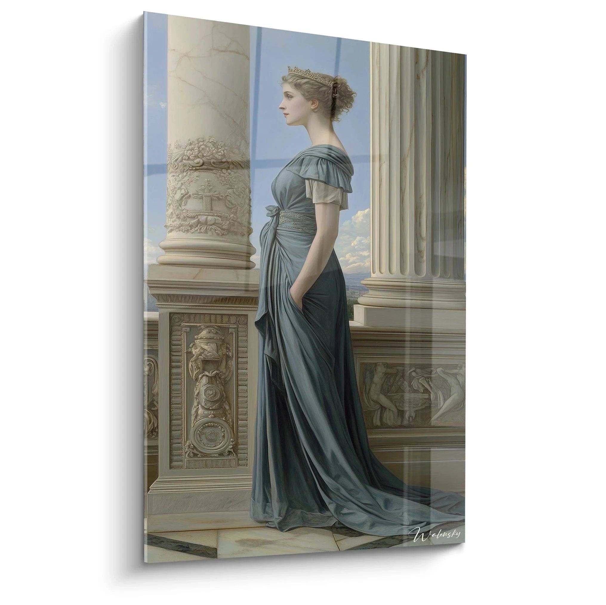 Wandbild elegante Dame in blauem antikem Gewand zwischen klassischen Säulen - Renoir Stil Kunstdruck