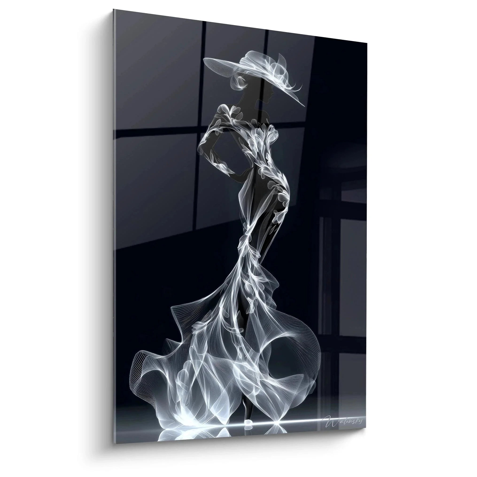 Wandbild elegante Dame aus weißen Lichtspuren vor modernem schwarzen Hintergrund - Mode Kunst