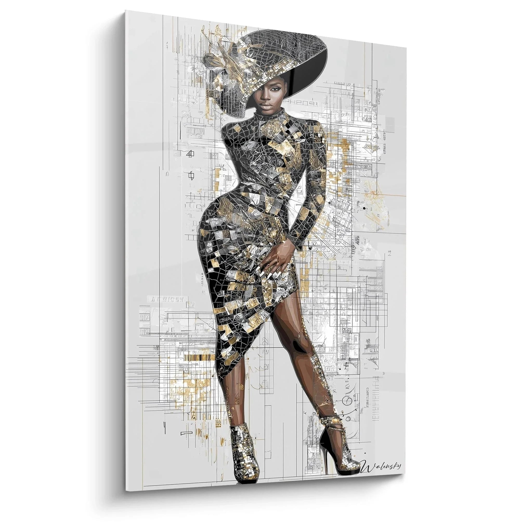 Wandbild elegante Dame mit Mosaik Haute Couture Kleid und Hut in Gold Silber Schwarz