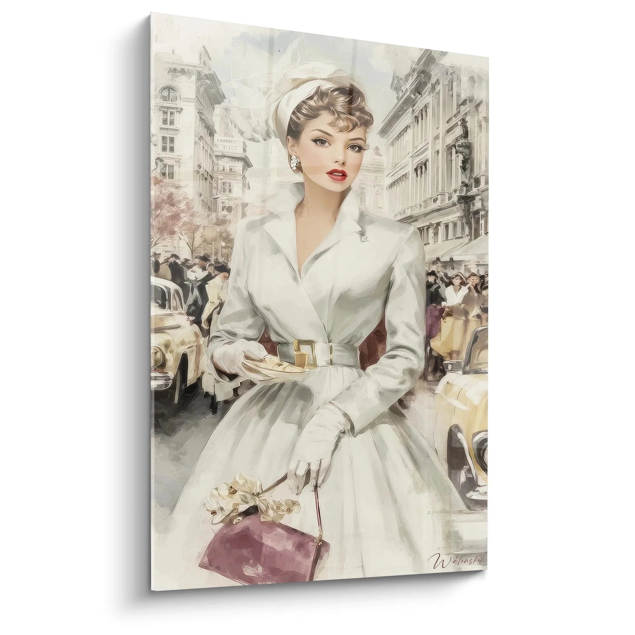 Wandbild elegante Dame Retro Glamour 50er Jahre weißes Outfit Vintage Mode Wanddekoration nostalgisch