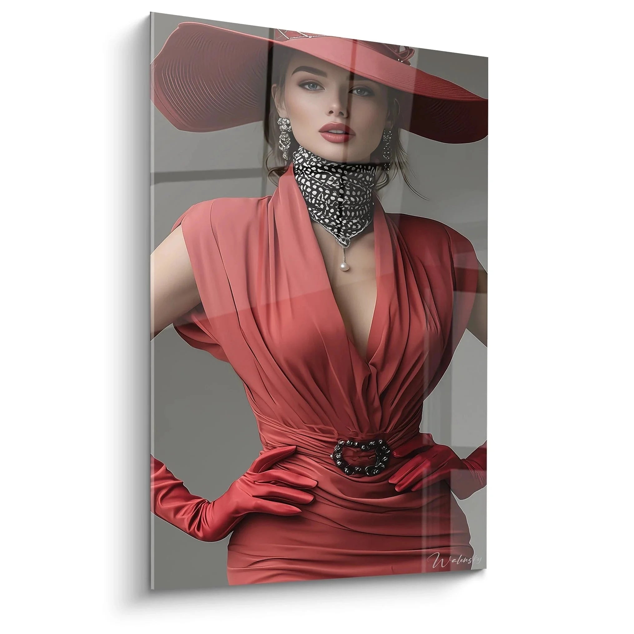 Wandbild elegante Dame im roten Kleid mit Hut - Vintage Glamour Portrait weibliche Schönheit