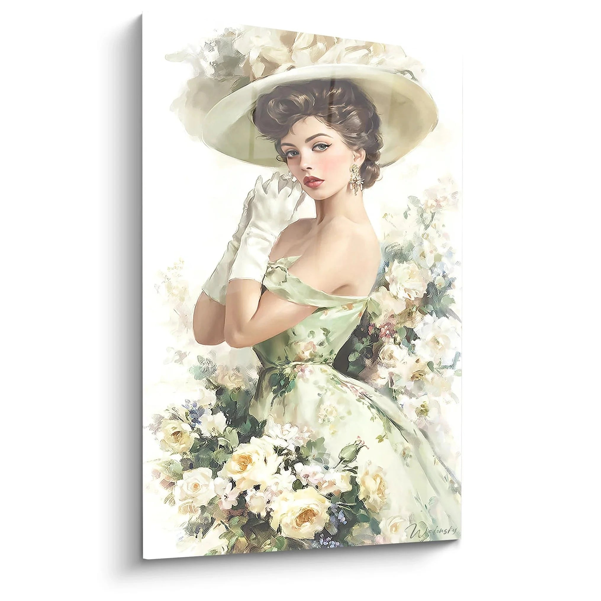 Wandbild elegante Dame mit Hut und Blumen im Vintage Stil - romantische Wanddeko XXL