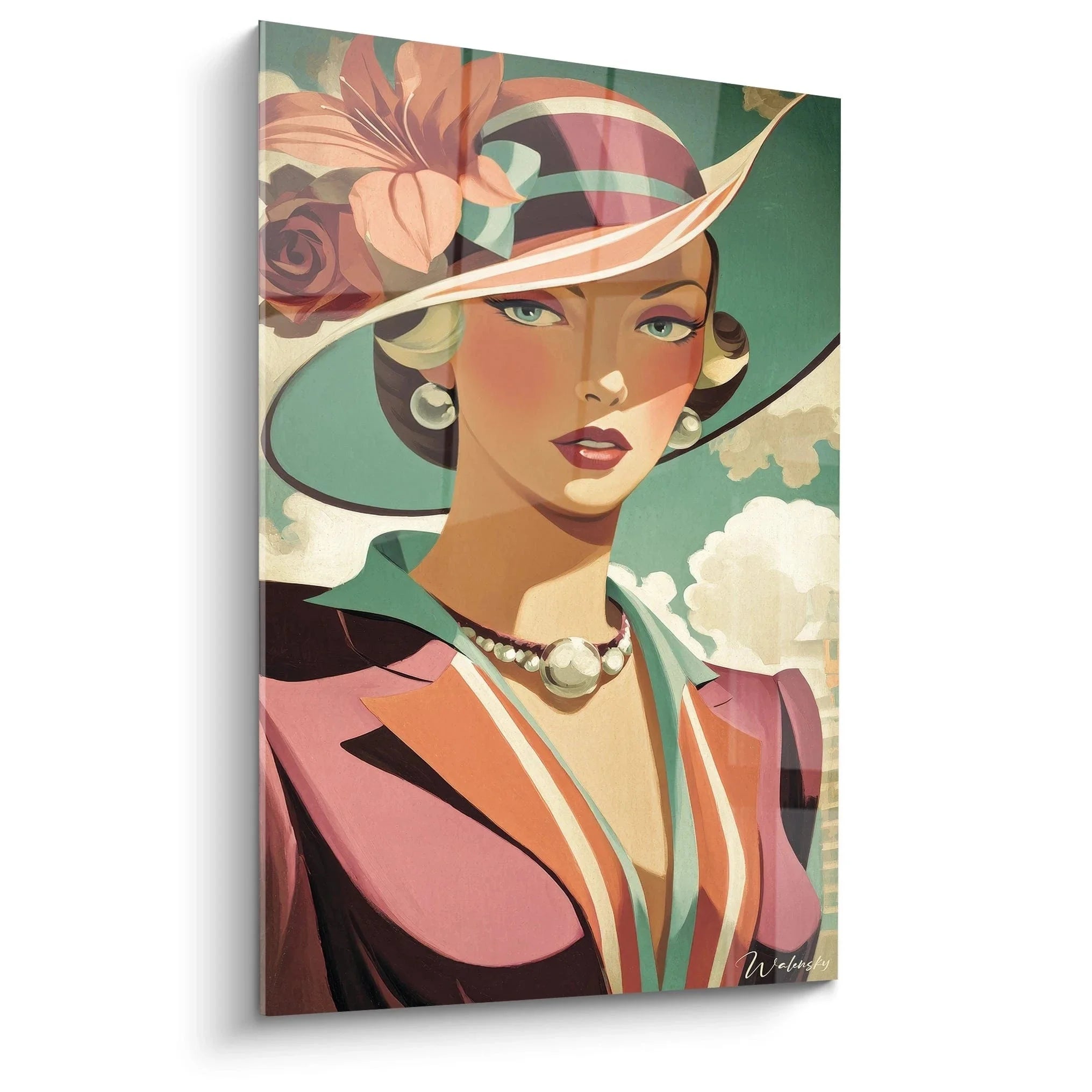 Wandbild elegante Dame mit Vintage Hut und Blumen im Art Deco Stil, Retro Portrait Wandkunst