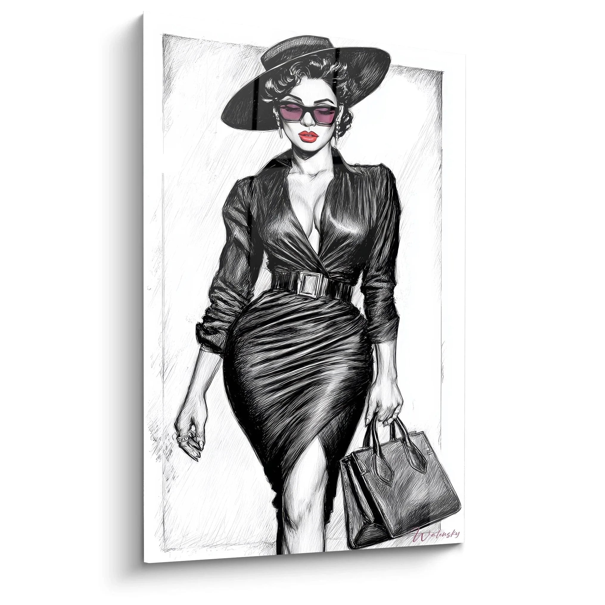 Elegante Dame mit Hut und Sonnenbrille - Vintage Wandbild Modeillustration schwarz-weiß