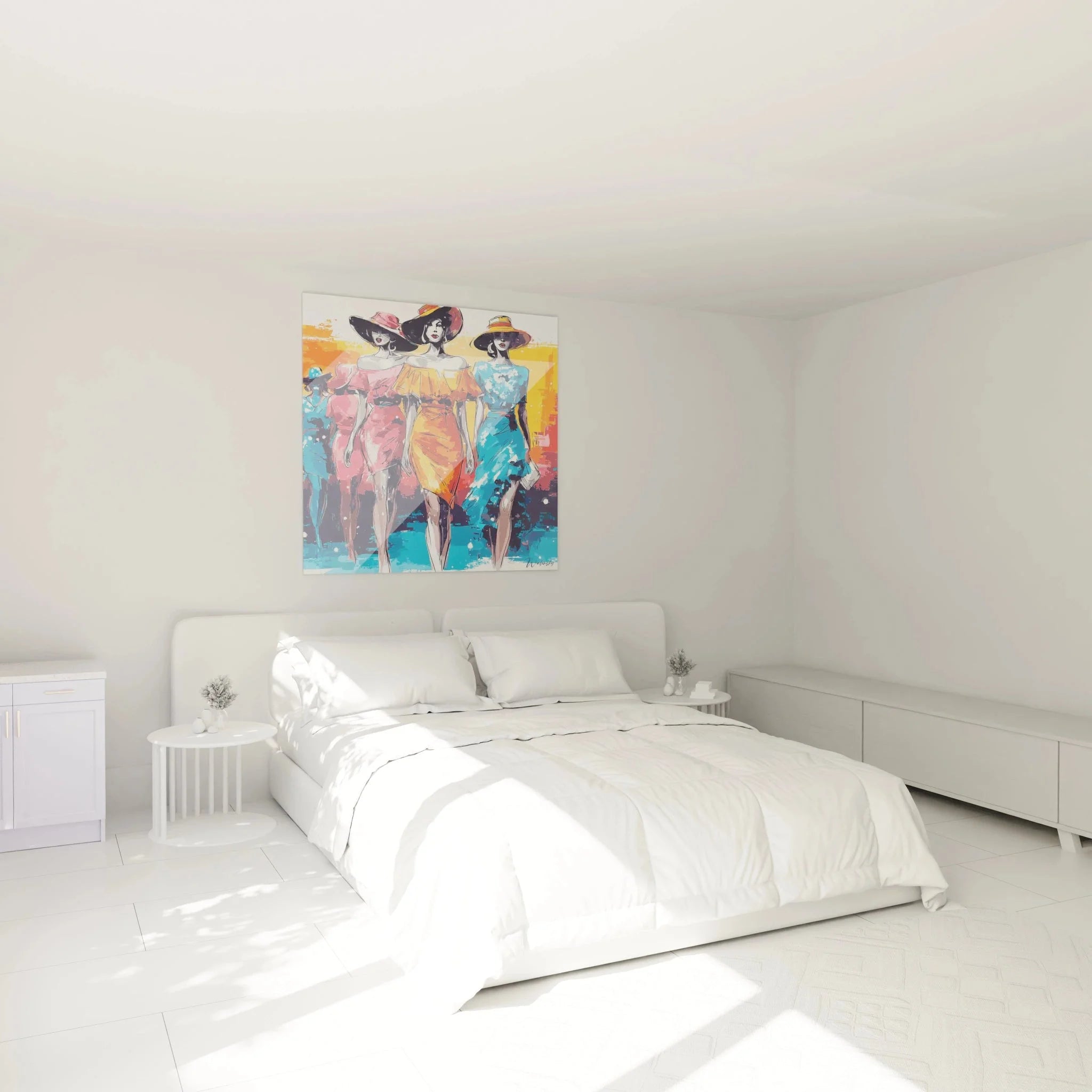 Elegante Damen Modeillustration Wandbild XXL in modernem Schlafzimmer mit stilvollen Möbeln