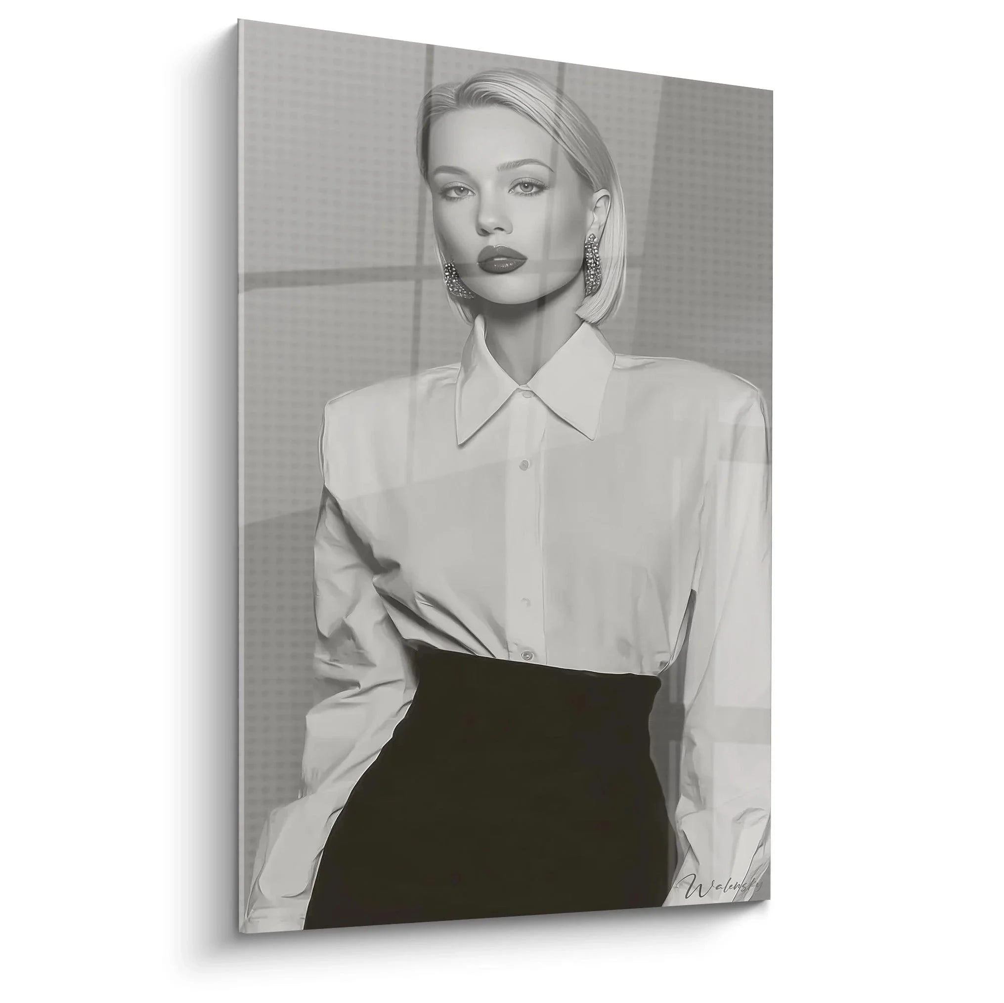 Elegante Frau in Business Mode schwarz-weiß Wandbild mit weißer Bluse und schwarzem Rock