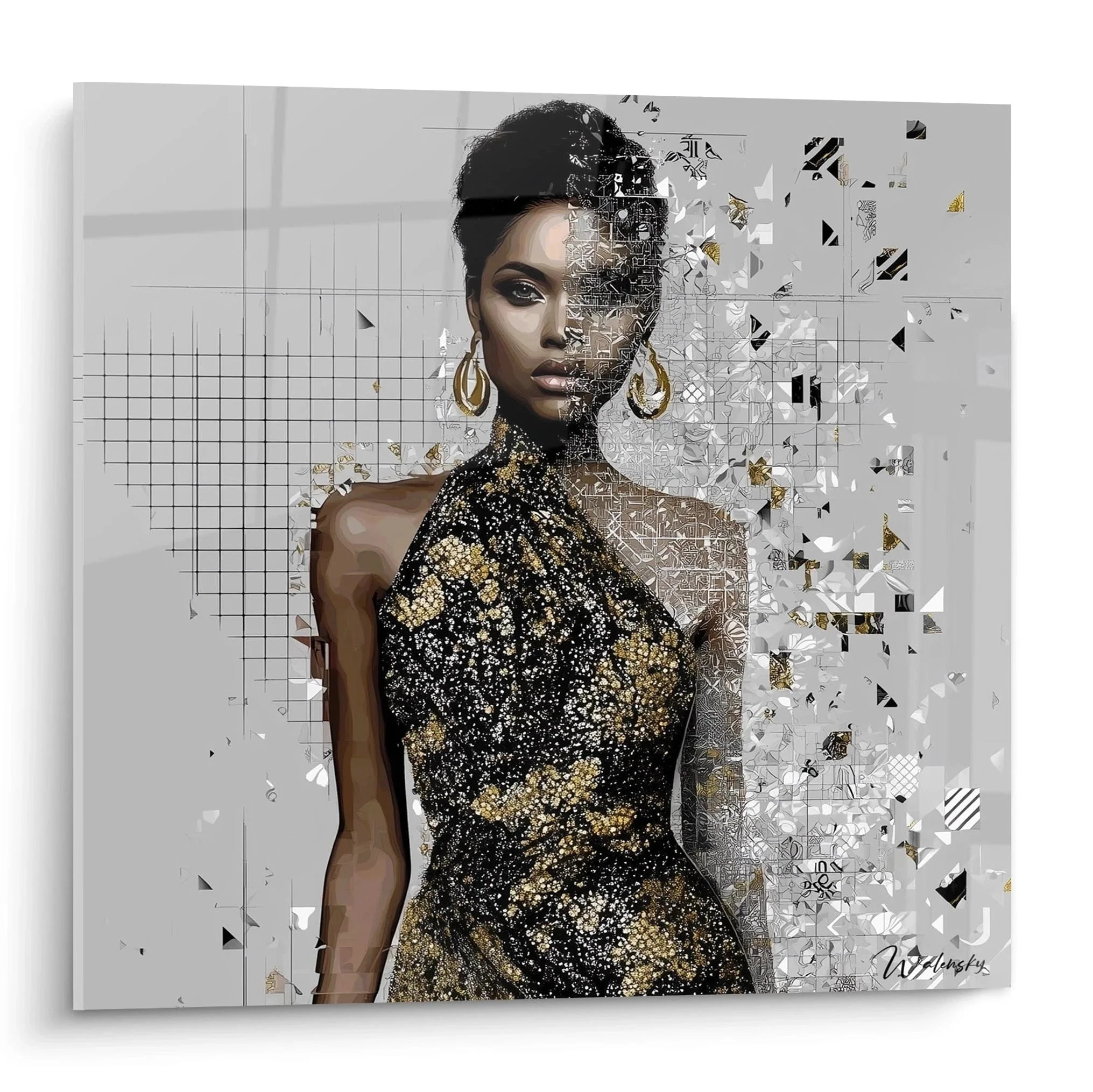 Wandbild elegante Frau in goldenem Paillettenkleid mit geometrischen Elementen Haute Couture Edition
