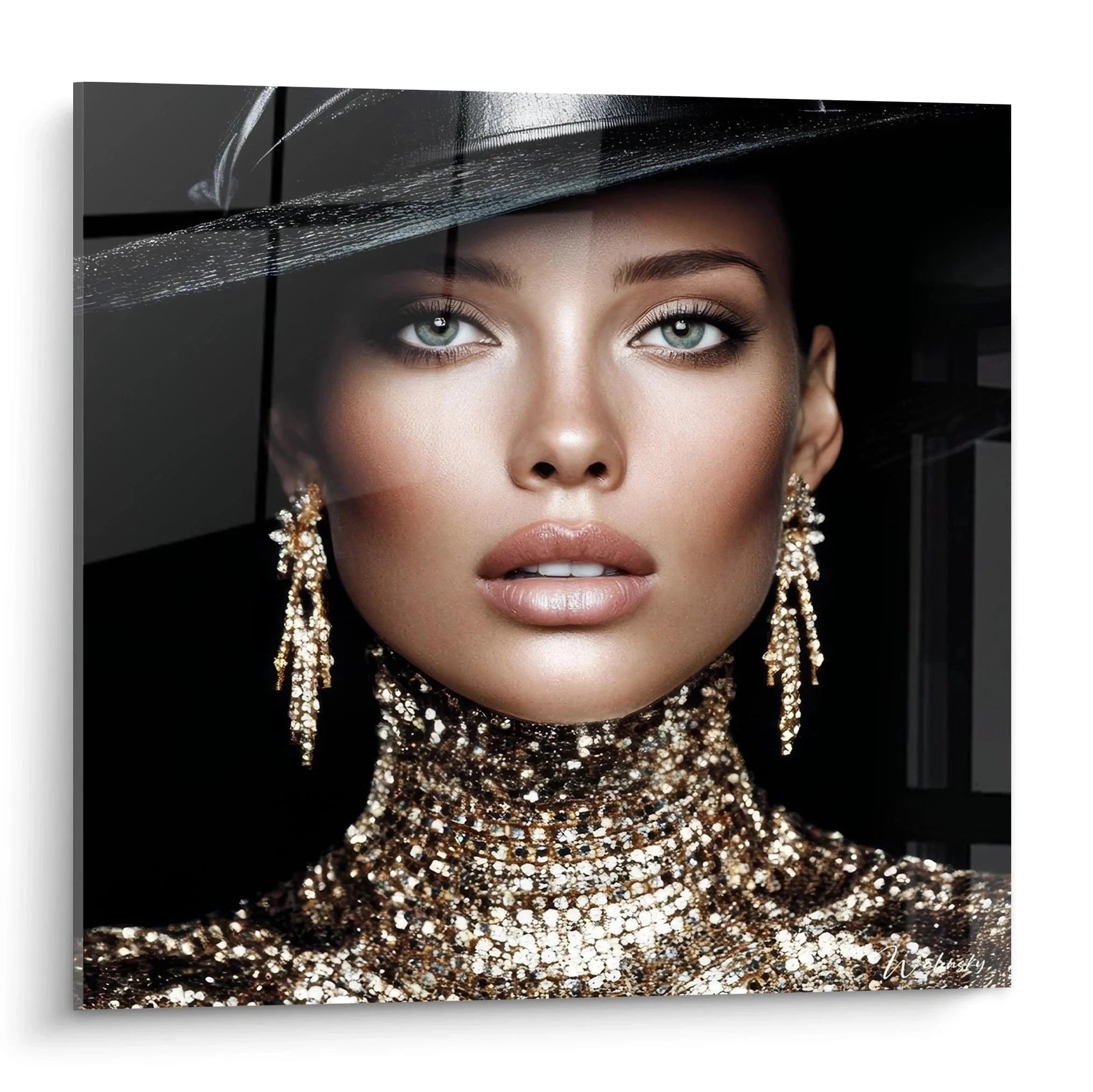 Wandbild elegante Frau mit schwarzem Hut und goldenen Ohrringen im Glamour-Stil Mode-Gesicht Edition