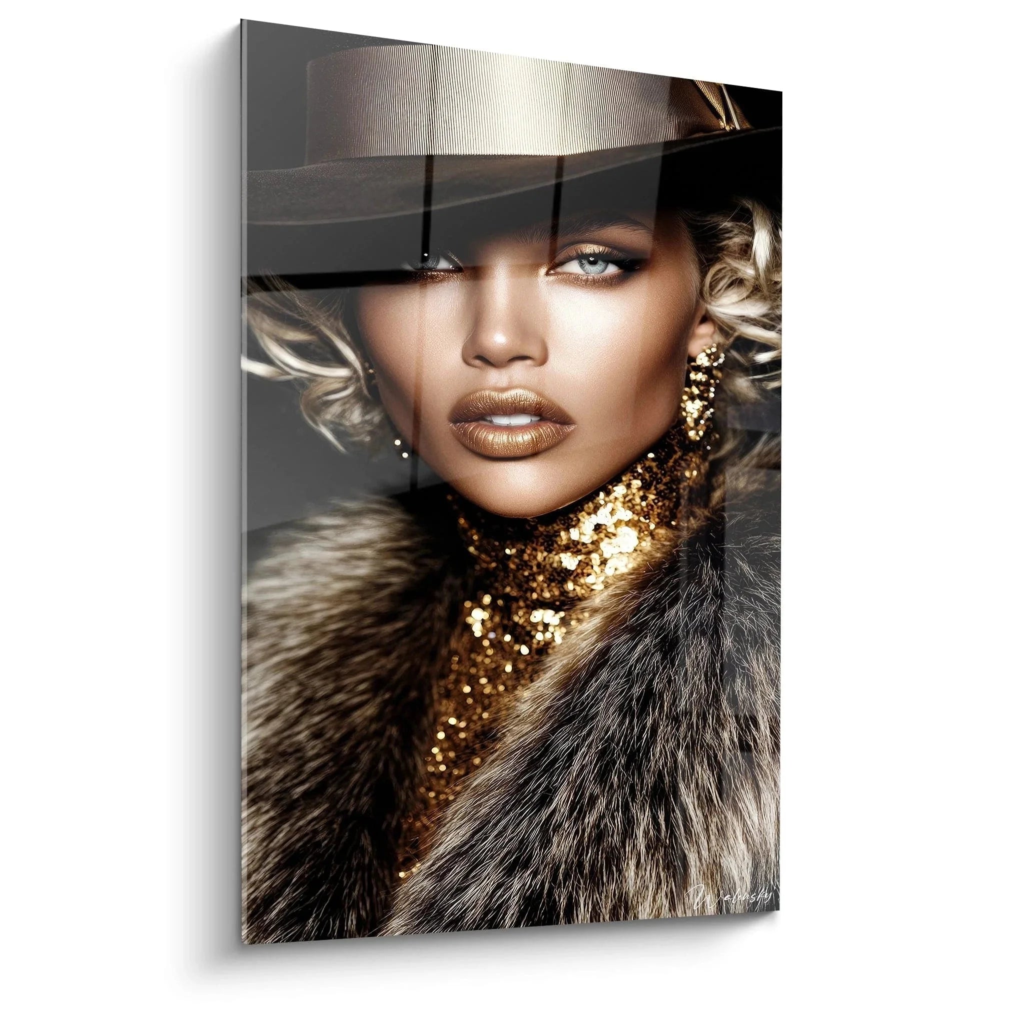 Wandbild elegante Frau mit schwarzem Hut und goldenem Paillettenkleid - Fashion Portrait Glamour