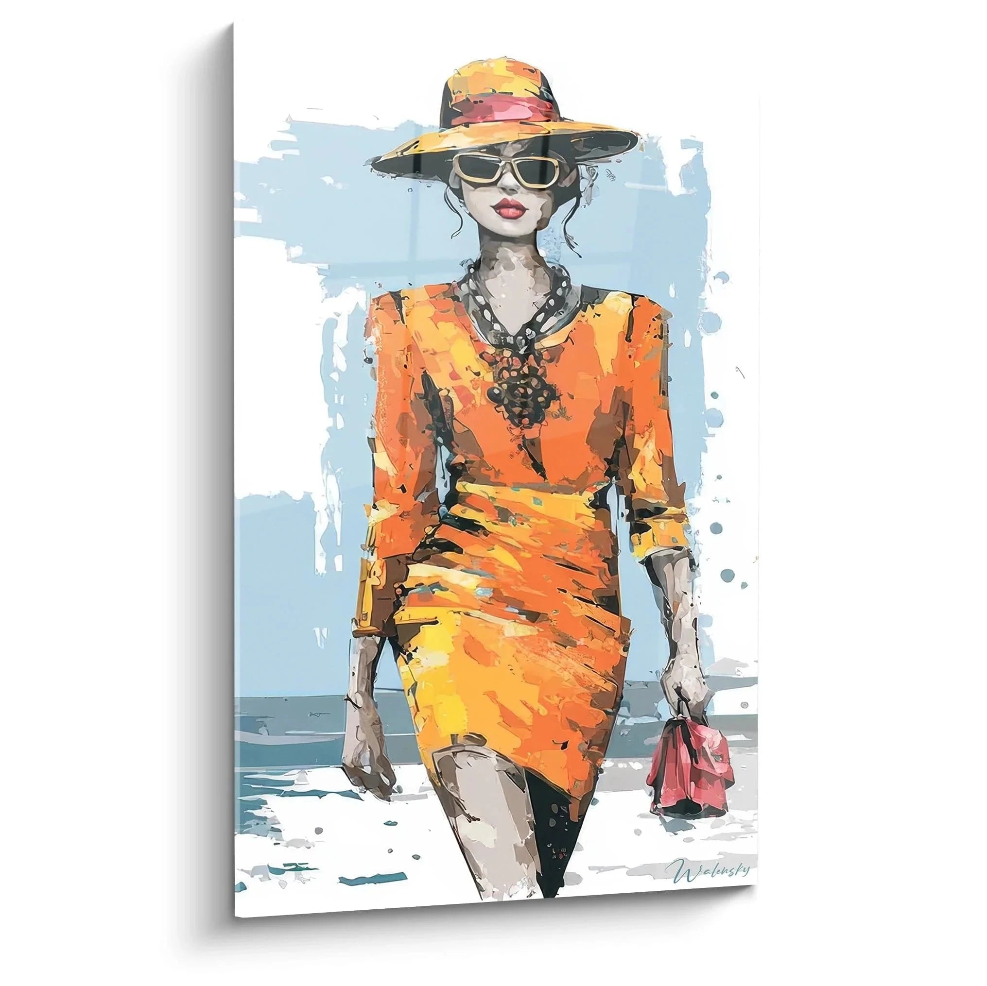 Wandbild elegante Frau mit Hut in Orange - Stilvolle Modeillustration für Wohnzimmer