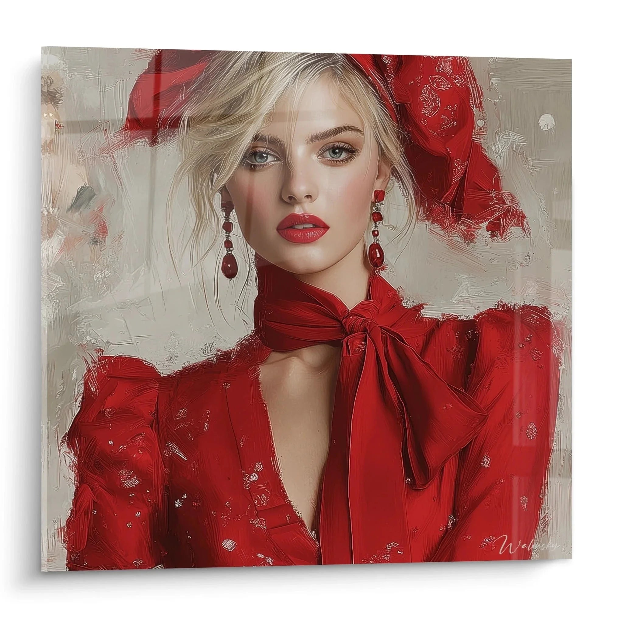 Wandbild elegante Frau in roter Seidenbluse mit Schleife - Premium Kunstdruck weibliche Schönheit