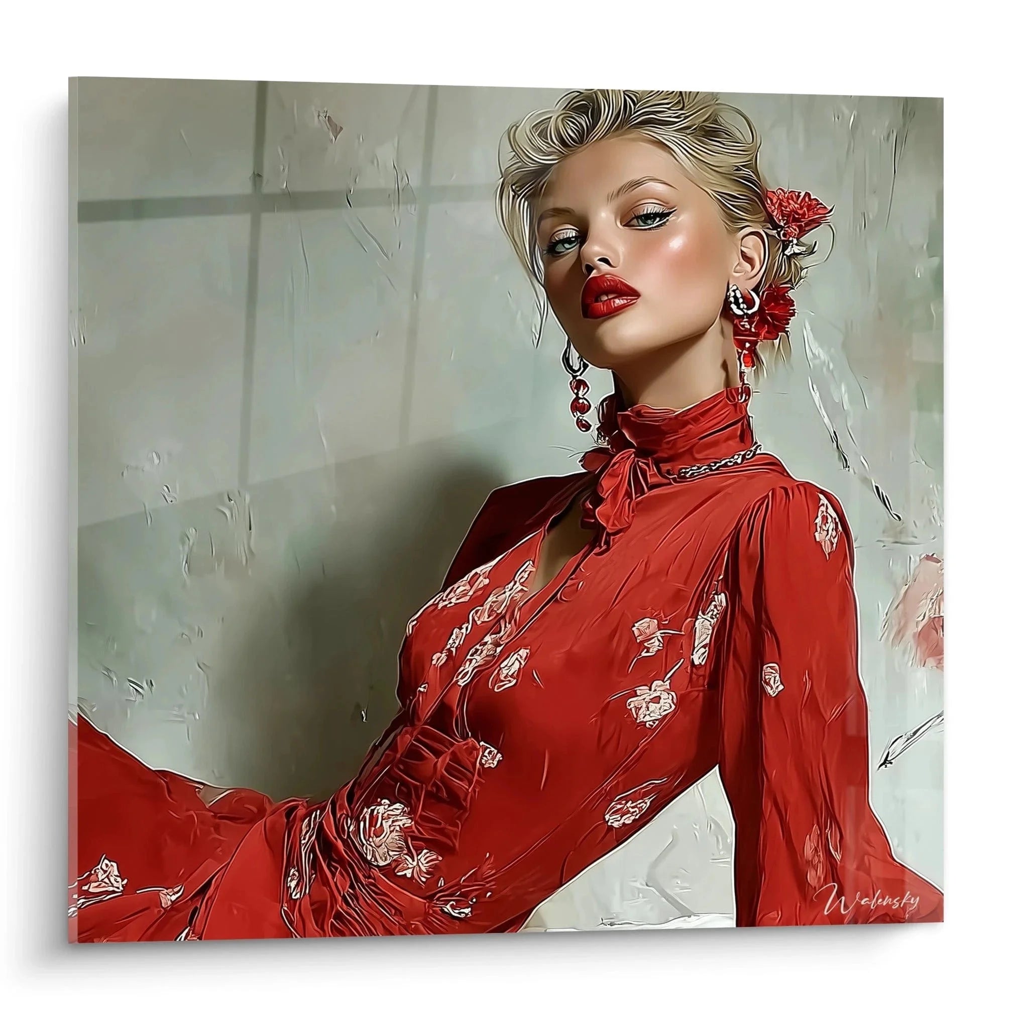 Elegante Frau mit roten Blüten im Haar - Wandbild weibliche Schönheit Edition