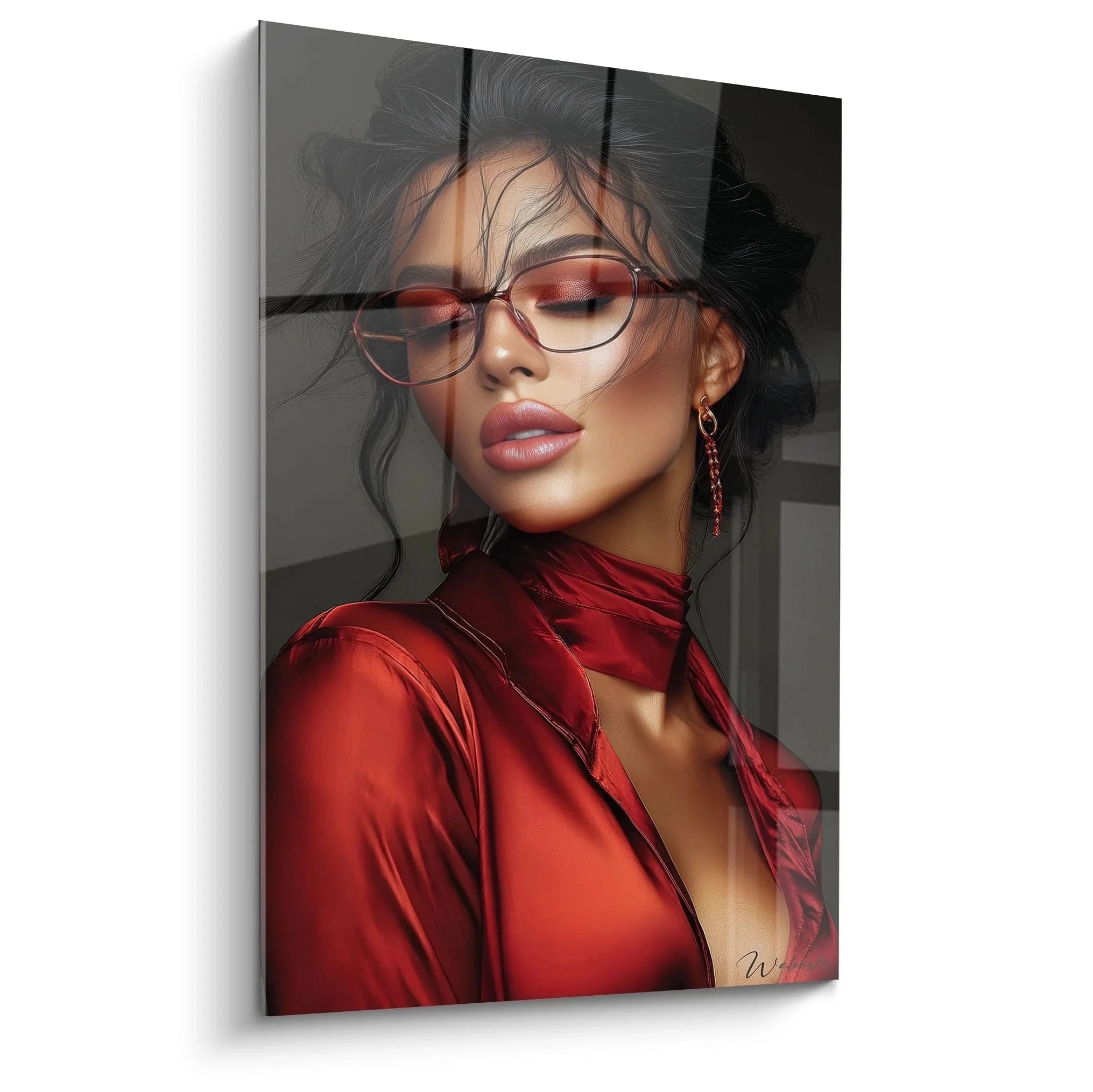 Wandbild elegante Frau mit roter Designer-Brille und sinnlichem Blick aus Edition Mode-Gesicht