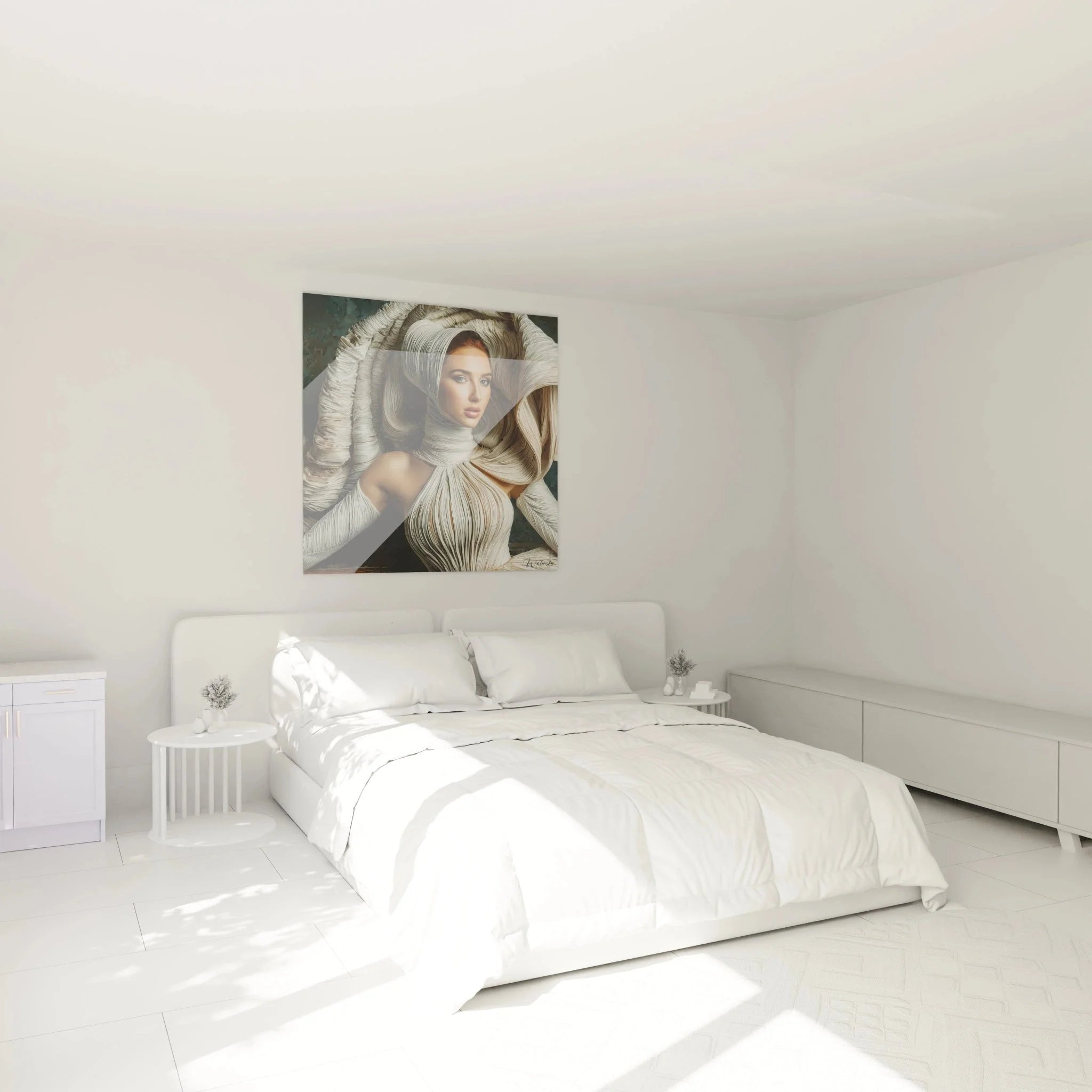 Wandbild elegante Frau Seidengewänder in Schlafzimmer Ambiente luxuriöse Wanddekoration