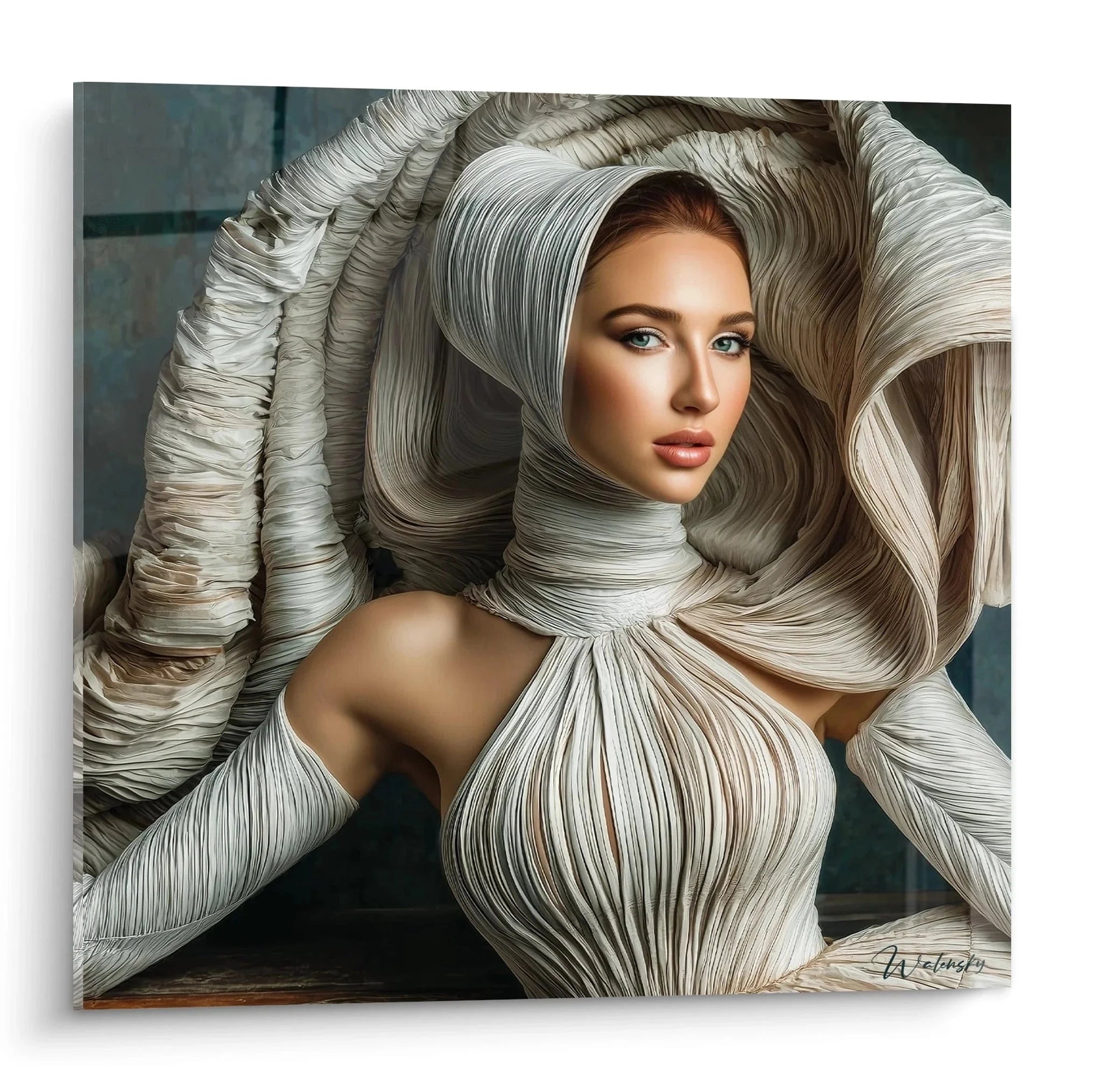 Wandbild elegante Frau in abstrakten Seidengewändern grau beige weibliche Schönheit moderne Kunst