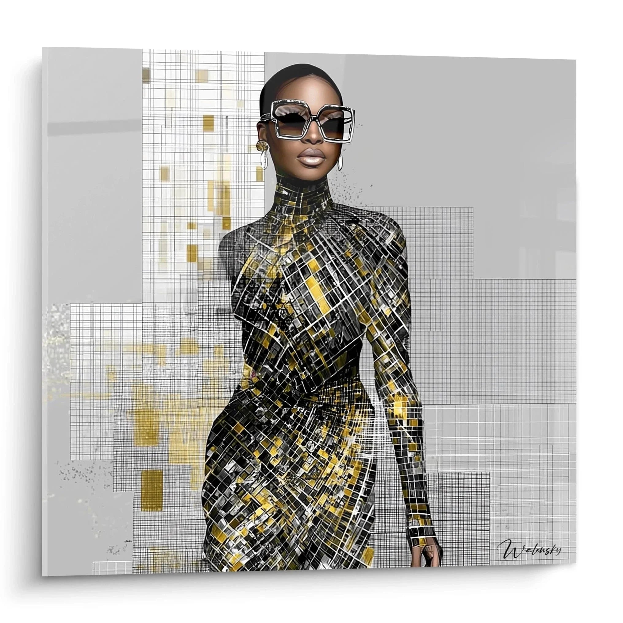 Wandbild elegante Frau mit Designer-Sonnenbrille und geometrischem Kleid in Gold-Schwarz, Haute Couture Stil