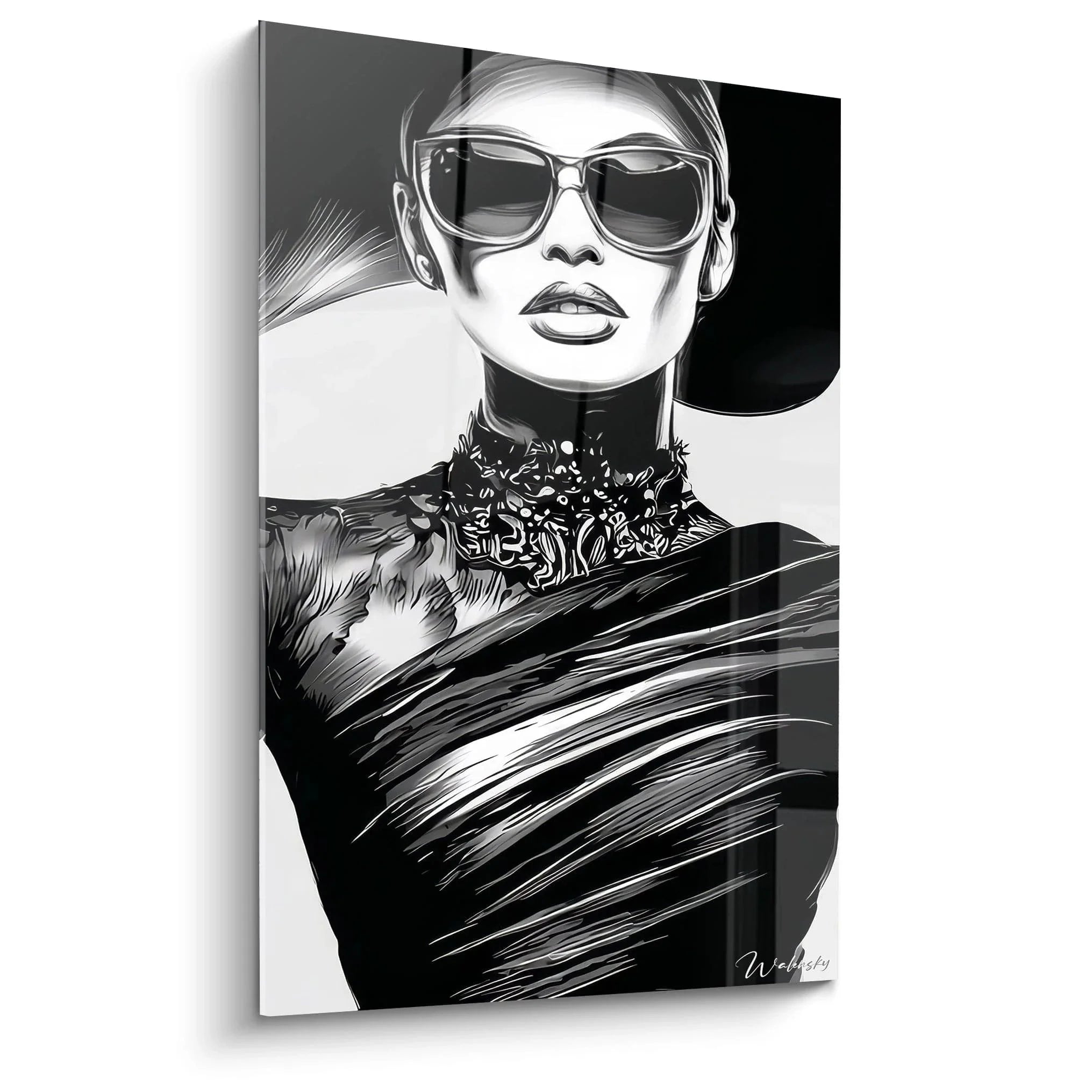 Wandbild elegante Frau mit Sonnenbrille schwarz-weiß Modeillustration moderne Wanddekoration