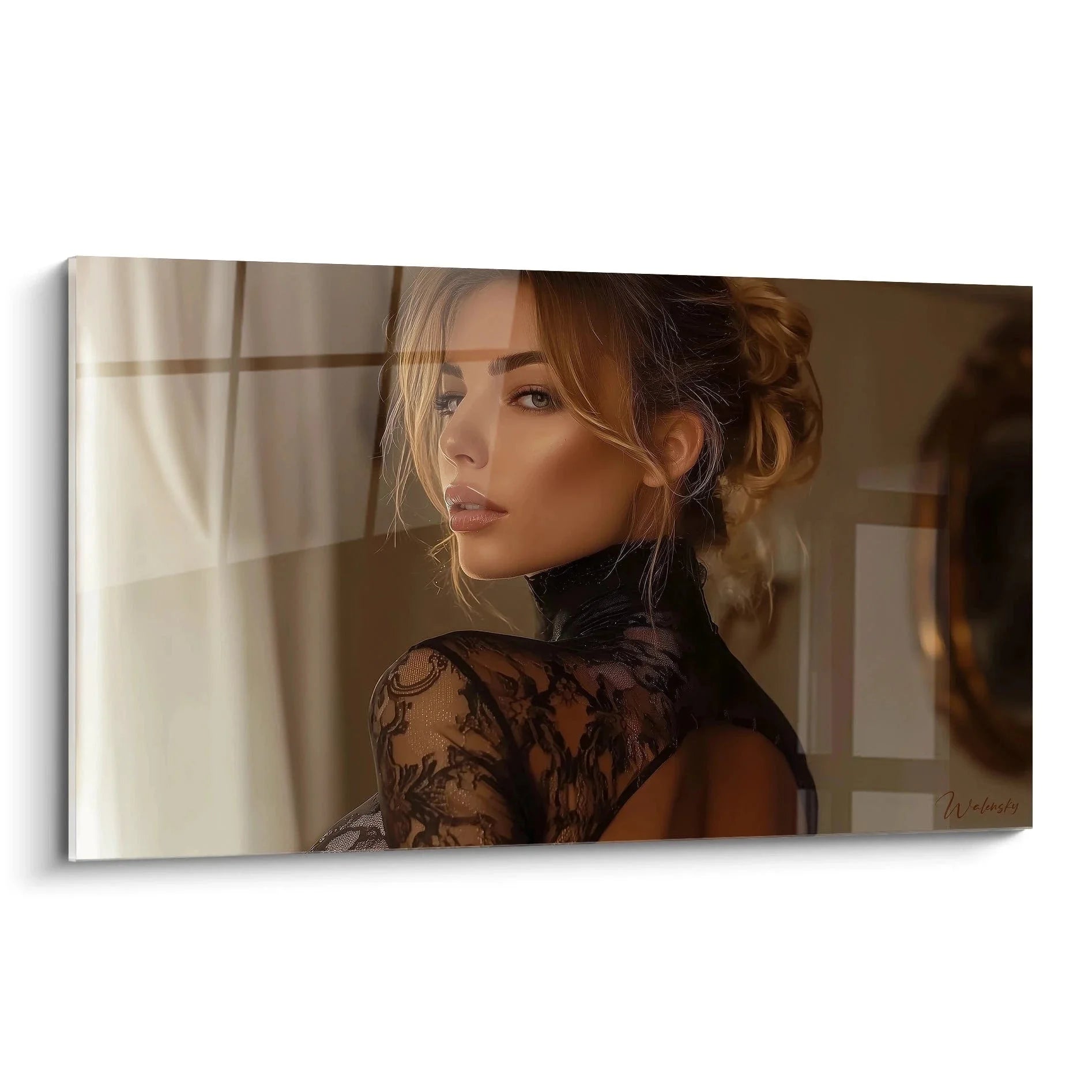 Wandbild elegante blonde Frau in schwarzem Spitzenkleid mit warmem Licht - Edition Weibliche Schönheit