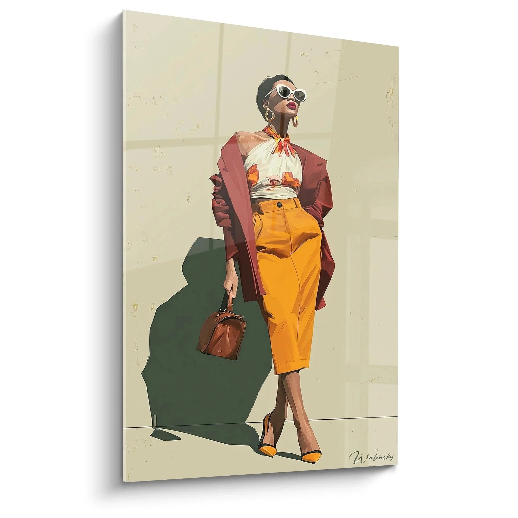 Wandbild elegante Frau in Vintage Mode mit orangem Mantel und gelber Hose - stilvolle Wanddekoration