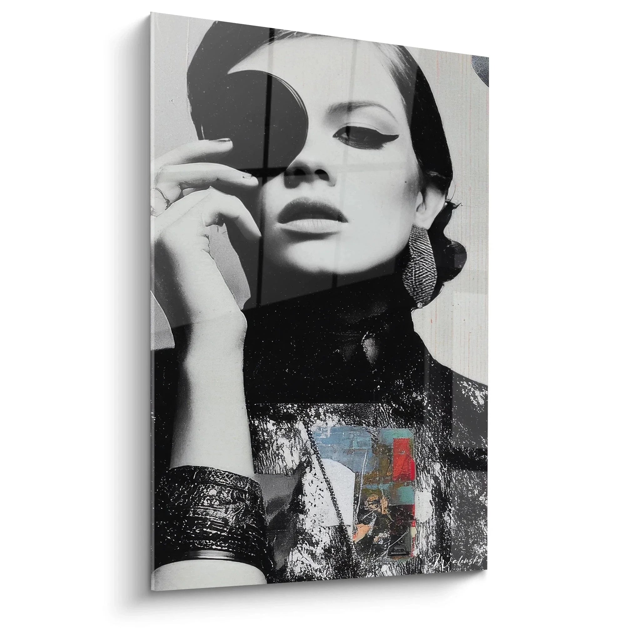 Wandbild elegante Vintage Dame mit Spiegel in Schwarz-Weiß, Retro Glamour Wanddekoration für stilvolle Wohnräume