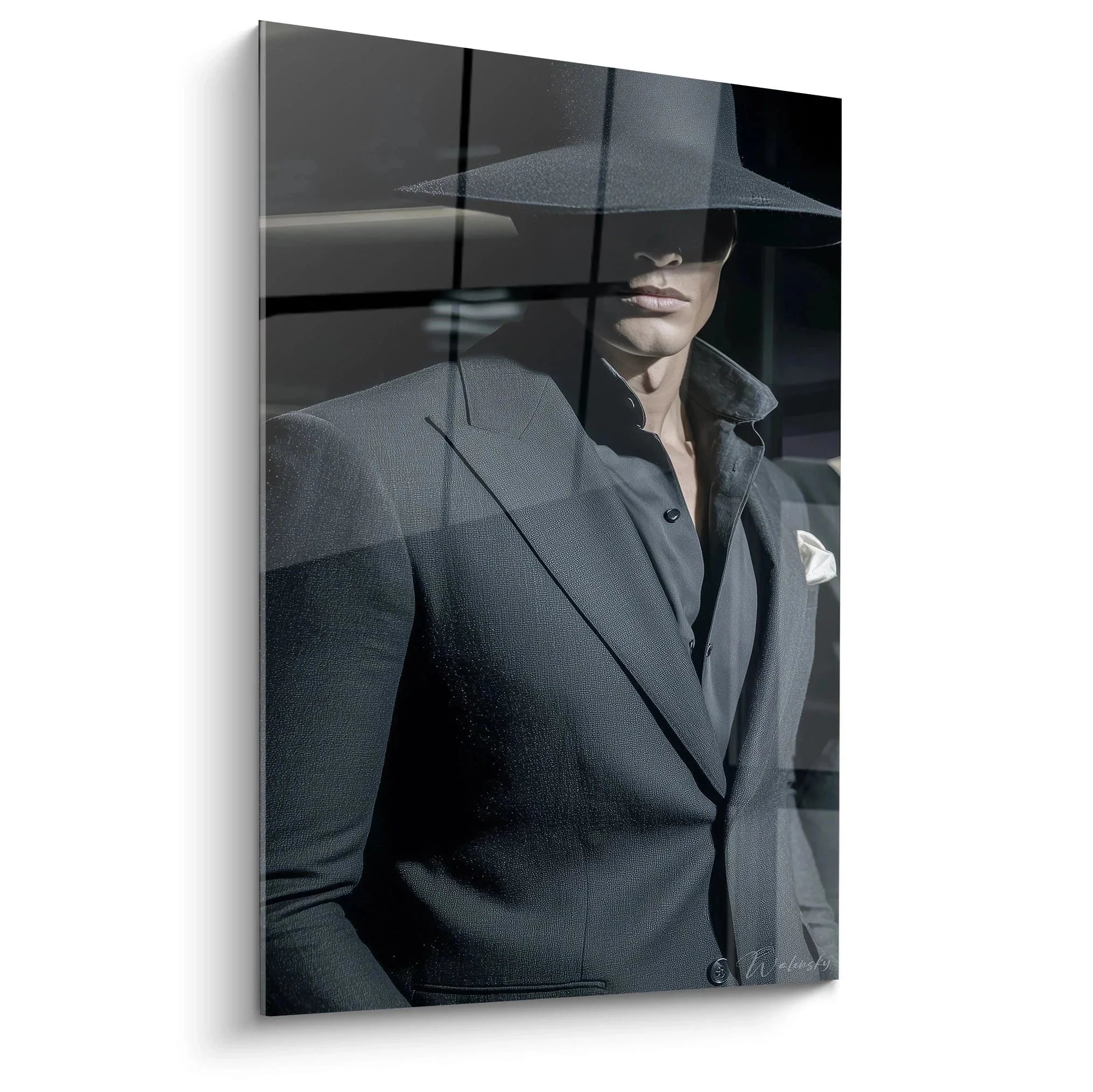 Wandbild eleganter Mann im grauen Anzug mit Hut, mysteriöser Gentleman, männliche Schönheit