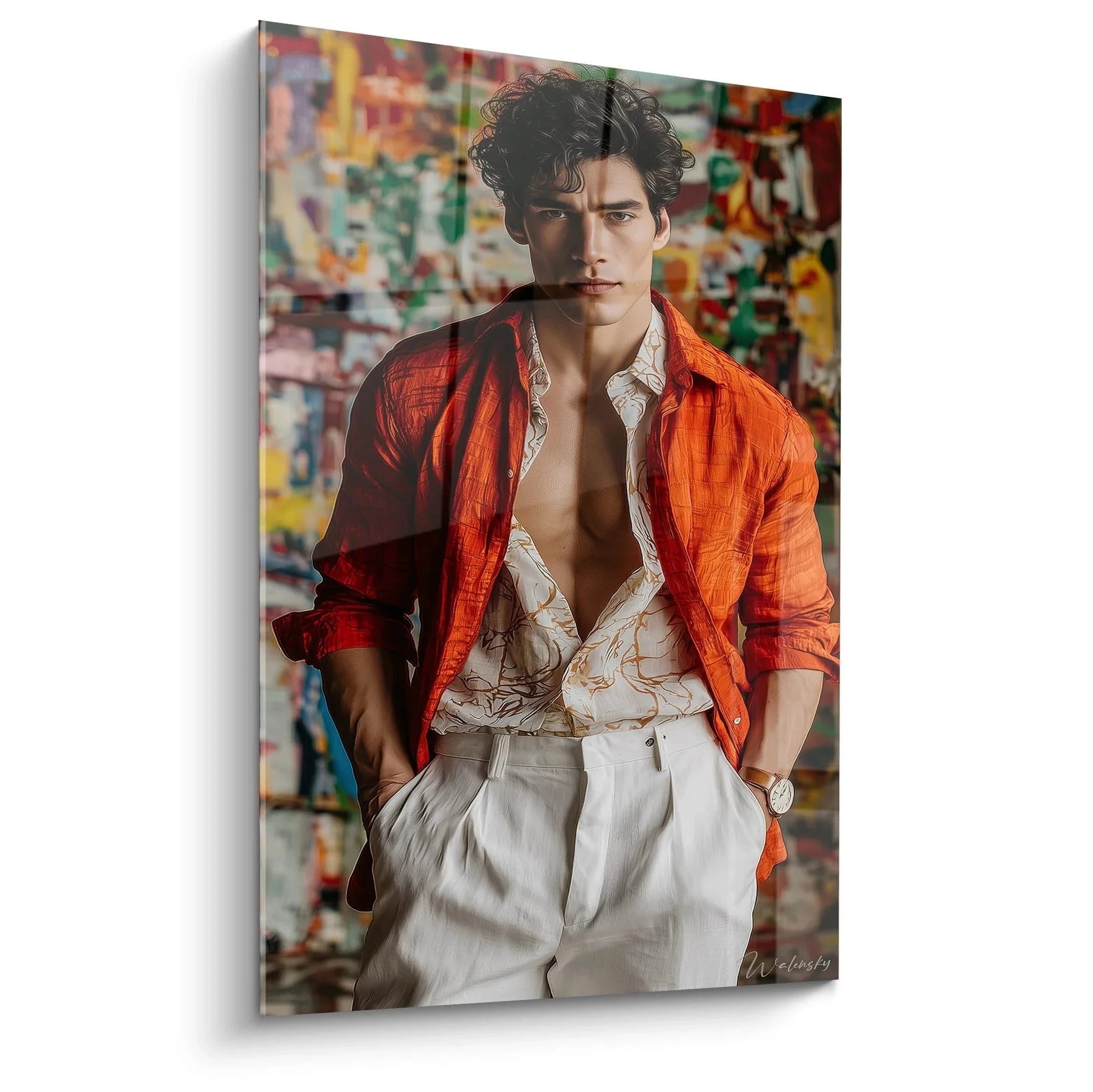Wandbild eleganter Mann mit orangefarbenem Hemd vor künstlerischem Hintergrund - Edition Männliche Schönheit