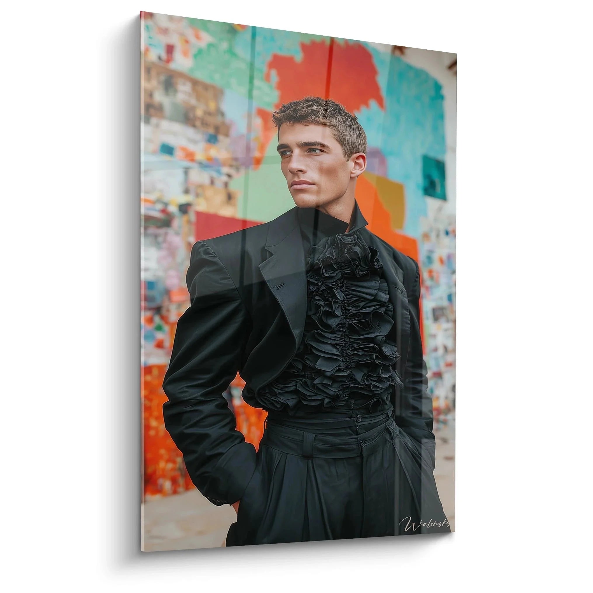 Wandbild eleganter Mann in schwarzem Anzug mit Rüschenhemd vor buntem abstrakten Hintergrund