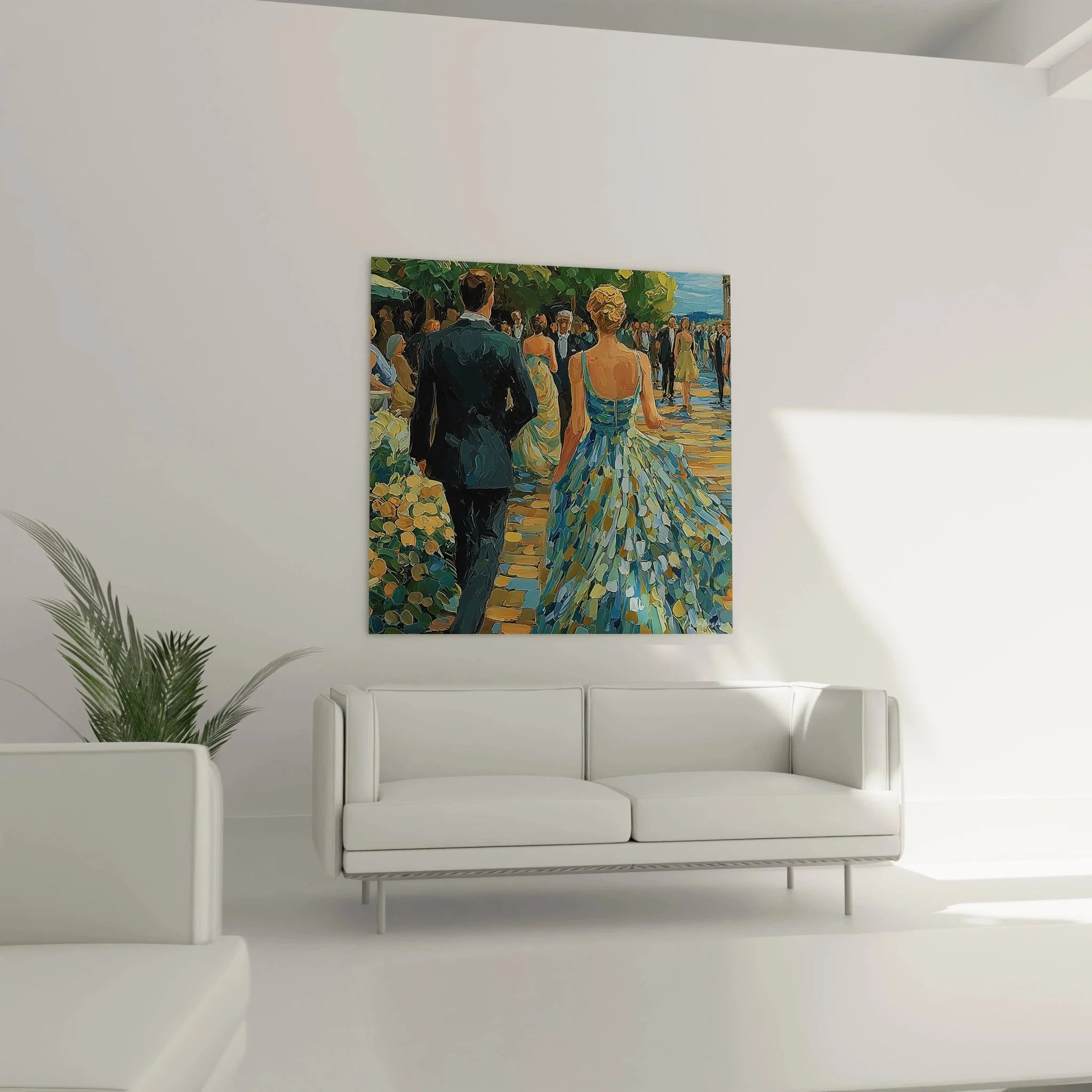 Nahaufnahme Wandbild romantische Szene mit detailreicher Darstellung der eleganten Kleidung und Farbgebung