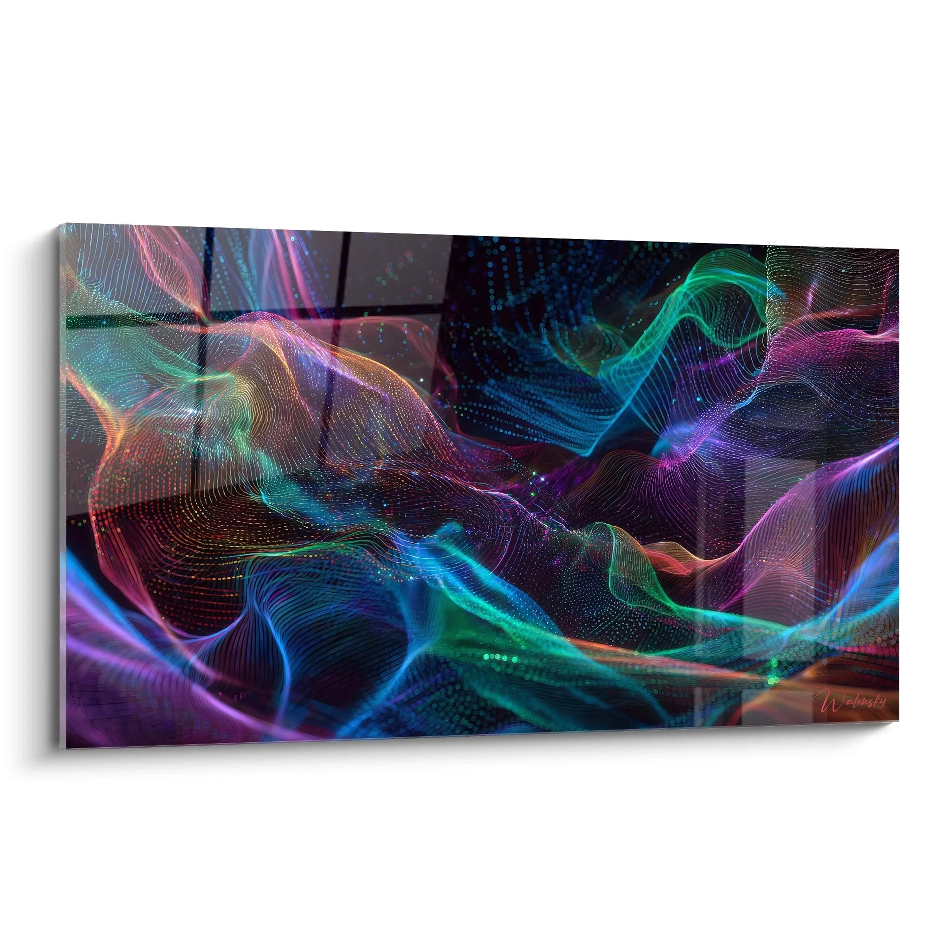 Wandbild mit leuchtenden Energieströmen in Neon-Farben, futuristische Digitalkunst mit Partikeln