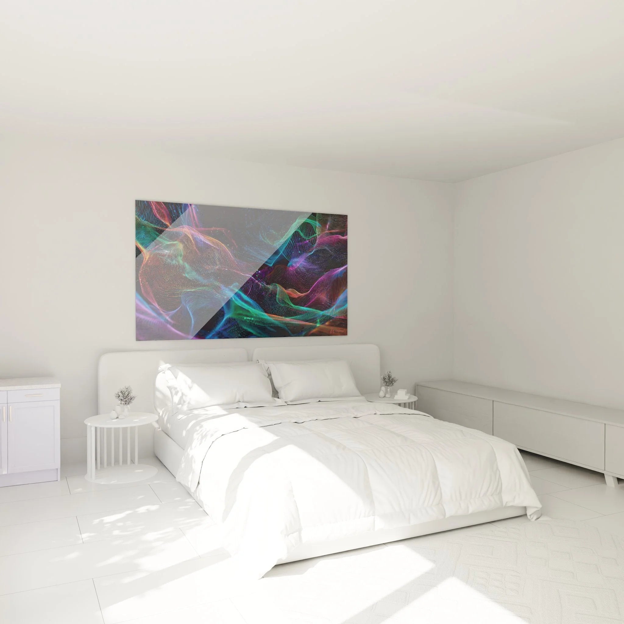 Futuristisches Wandbild Energieströme in modernem Schlafzimmer, Neon-Digital-Art Dekoration