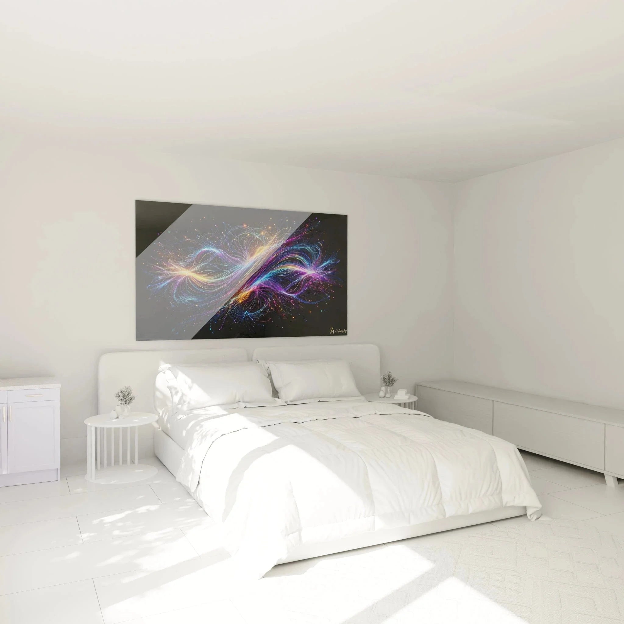 Kosmisches Wandbild Energiewirbel in modernem Schlafzimmer über dem Bett als Wanddekoration