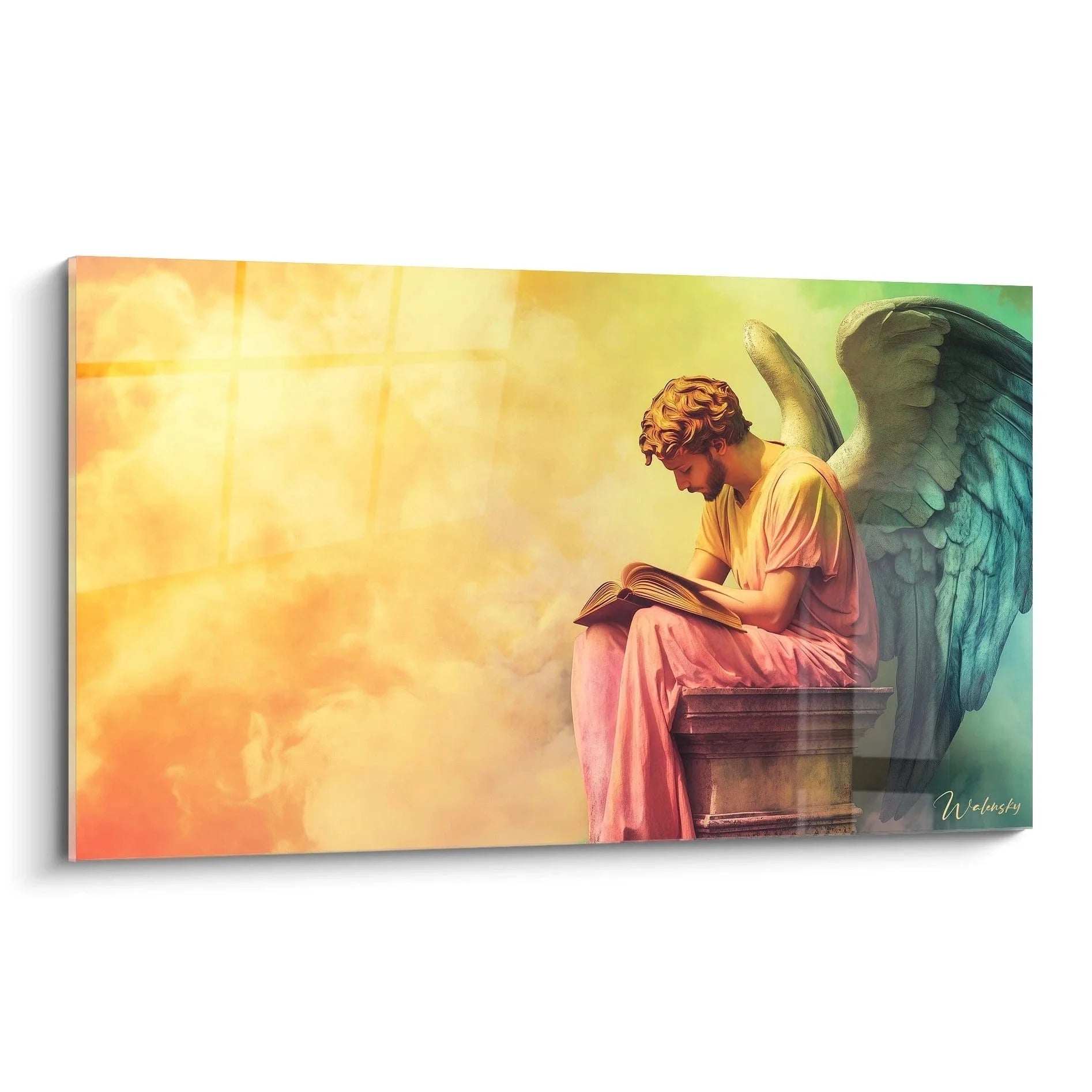 Wandbild Engel mit Buch lesend in warmen Farbtönen, spirituelle Wanddekoration Hieronymus Bosch Stil