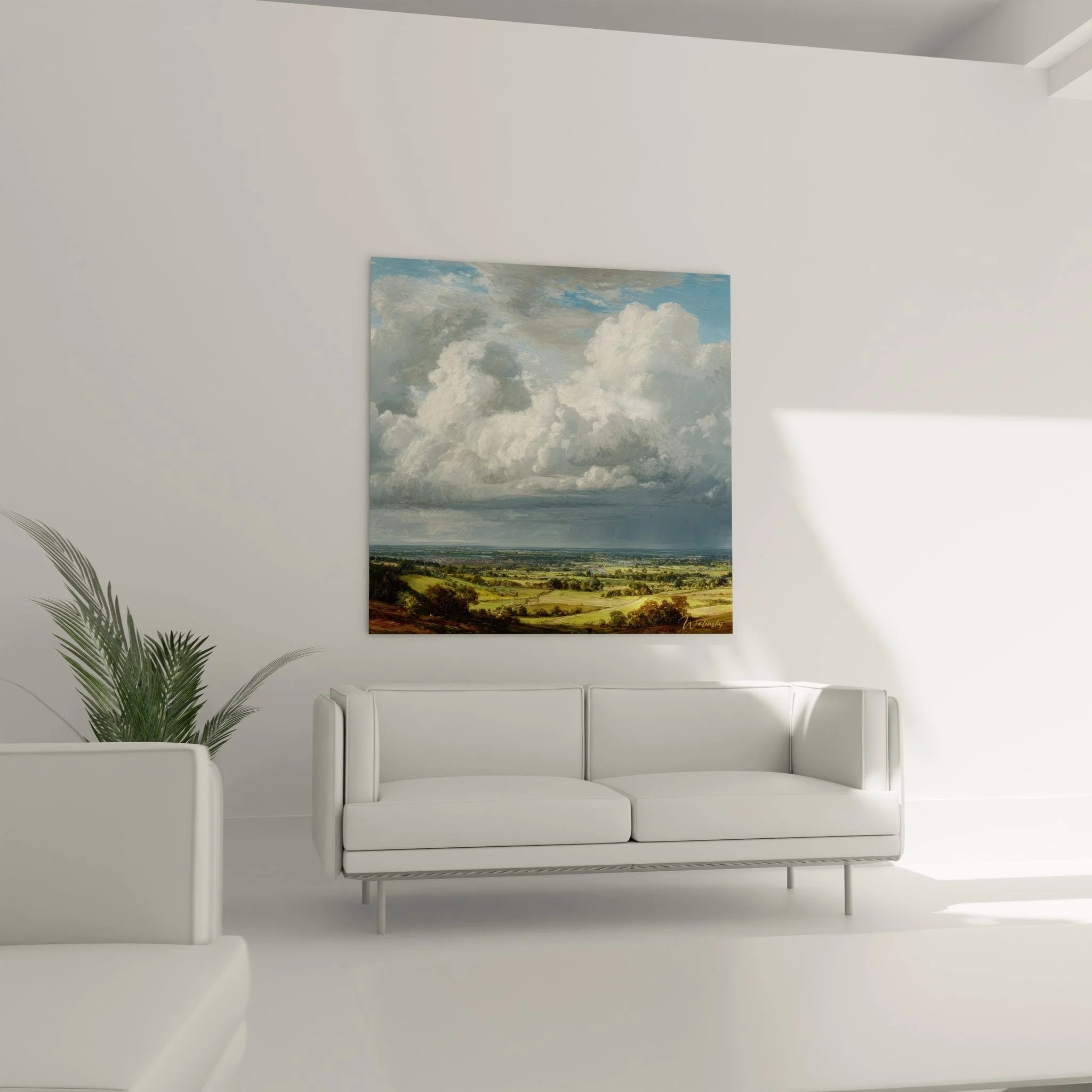 Detailaufnahme Wandbild englische Landschaft zeigt realistische Wolkenformation und Hügelketten