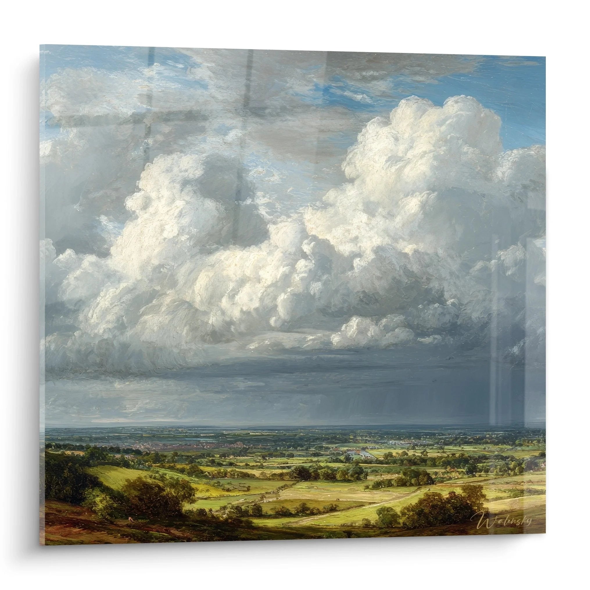 Wandbild englische Landschaft mit dramatischem Wolkenhimmel über grünen Hügeln und weiten Feldern