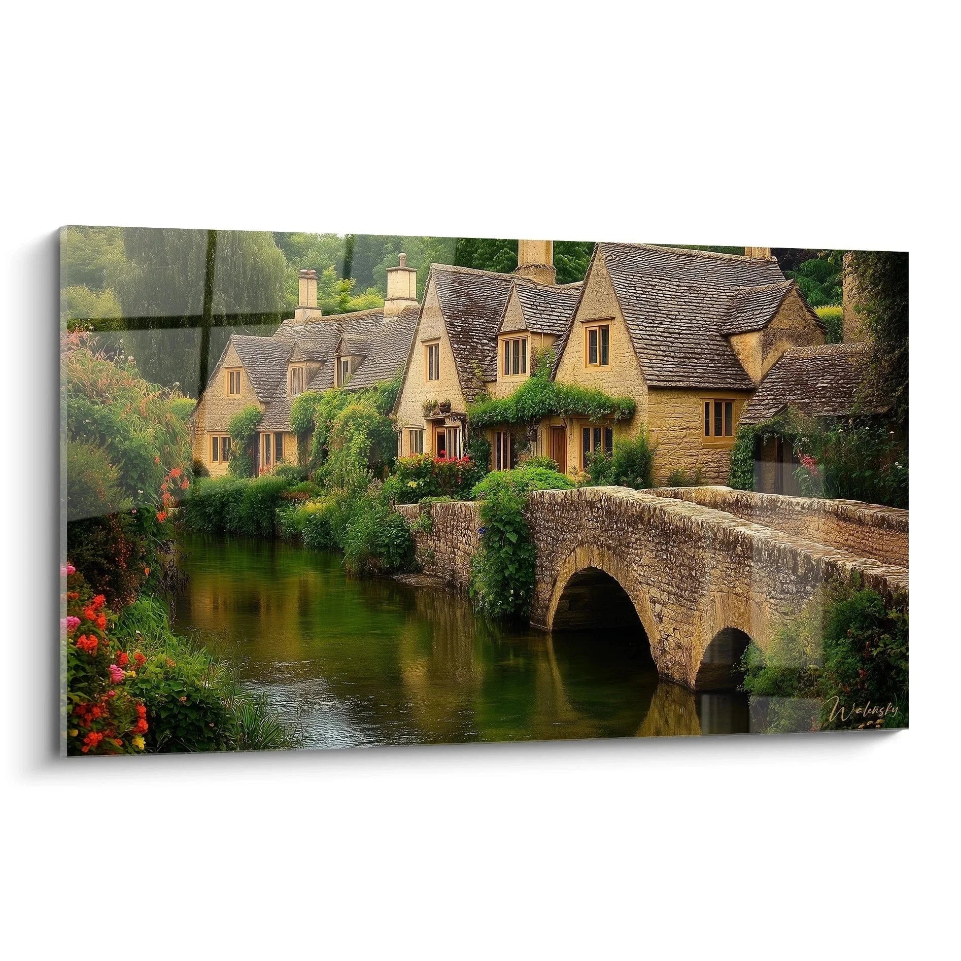 Wandbild englisches Cotswolds Dorf mit steinerner Brücke und honigfarbenen Cottages am Fluss
