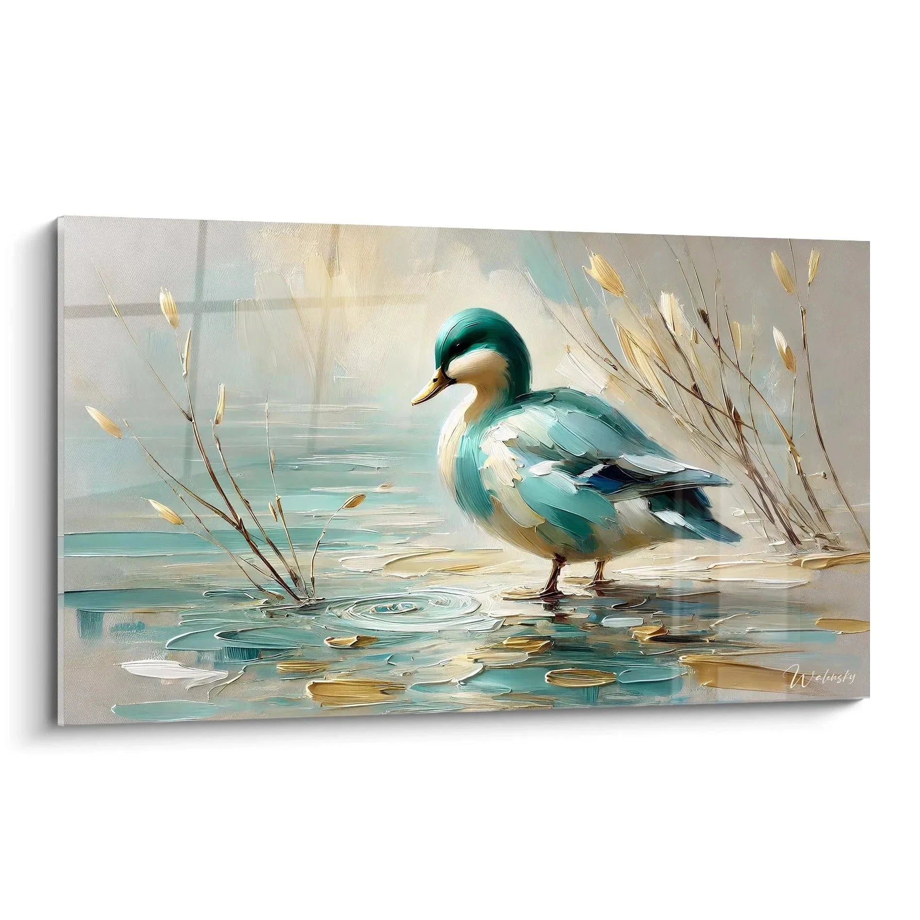 Wandbild Ente am Wasser in türkisen Tönen, friedliche Uferszene mit Schilf, Edition Ente Kunstdruck