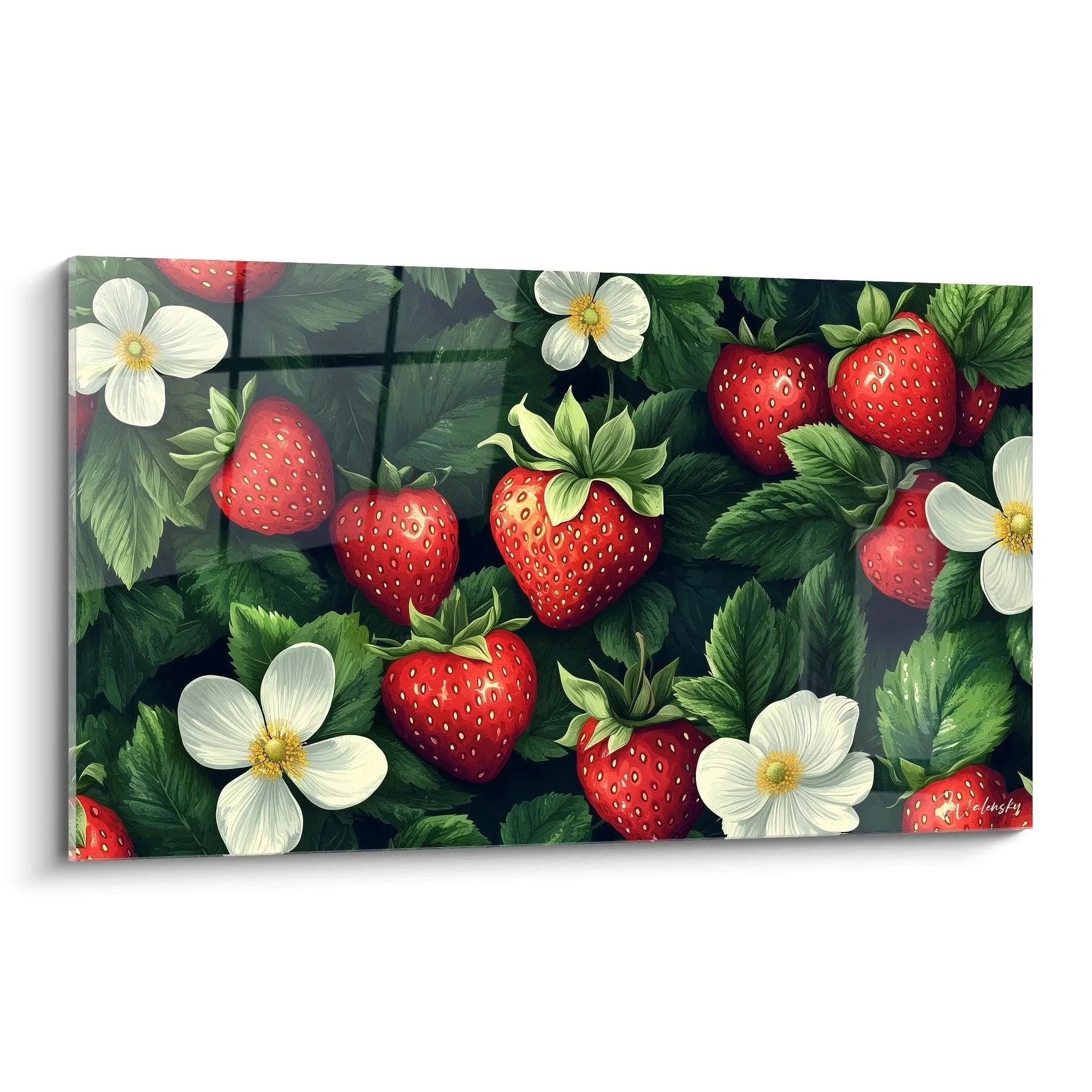 Wandbild Erdbeeren XXL mit reifen roten Früchten, weißen Blüten und grünen Blättern - Kunstdruck