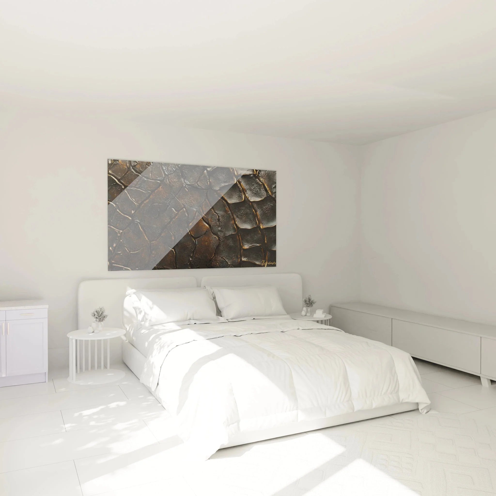 Wandbild getrocknete Erdtextur in modernem Schlafzimmer - abstrakte Naturstruktur Wanddekoration